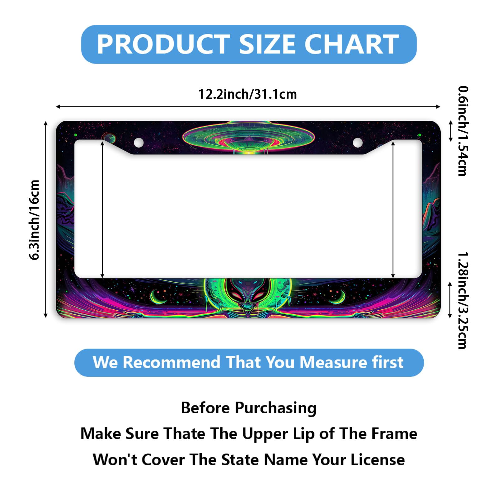 Neon Alien License Plate Frame 2 Pack - UFO Space Galaxy Design, Stainless Steel, Rust-Proof, US Standard