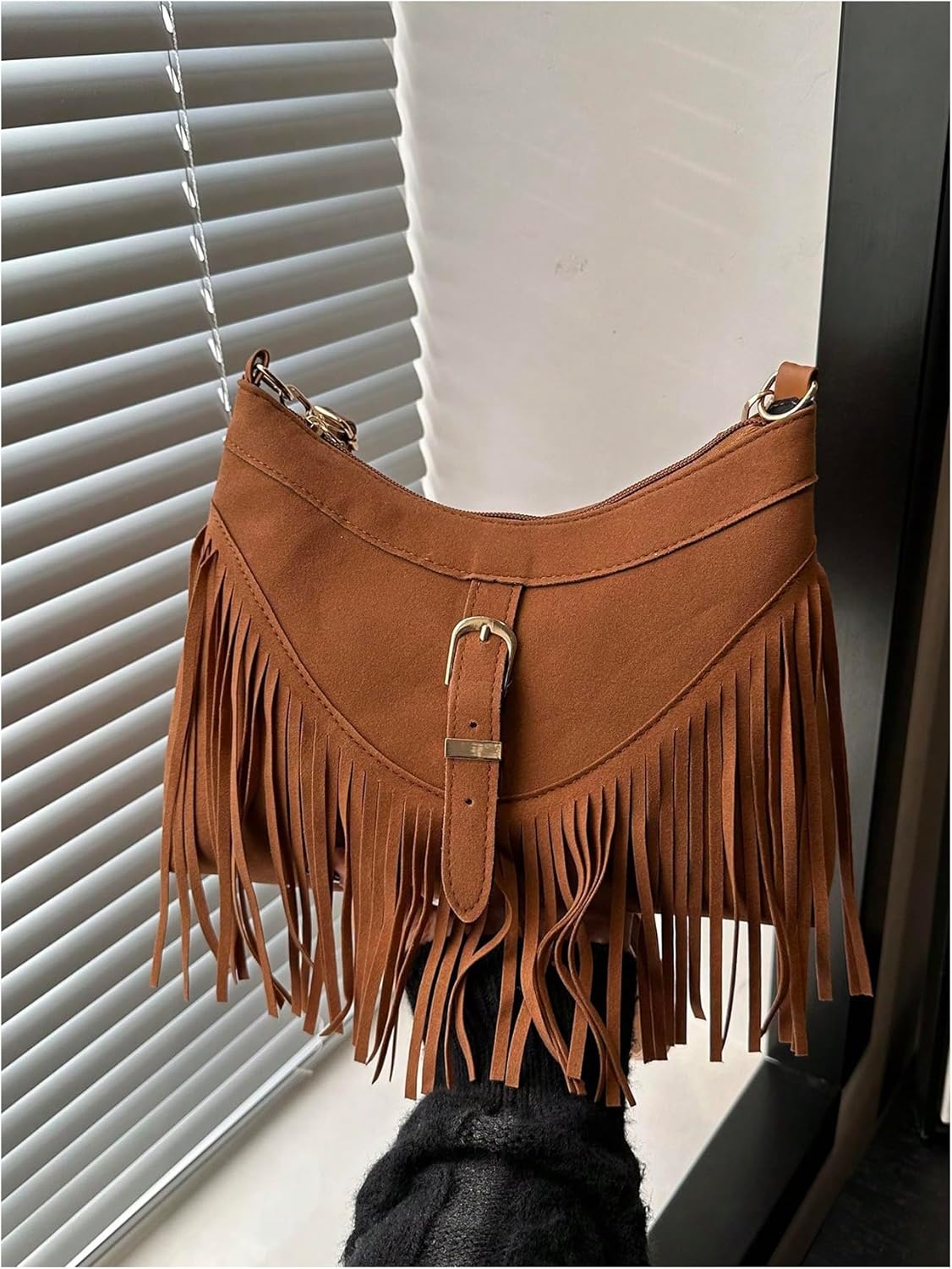 MakeMeChic Women's Faux Suede Crossbody Bag Fringe Adjustable Strap Handbag Purse - Image 2