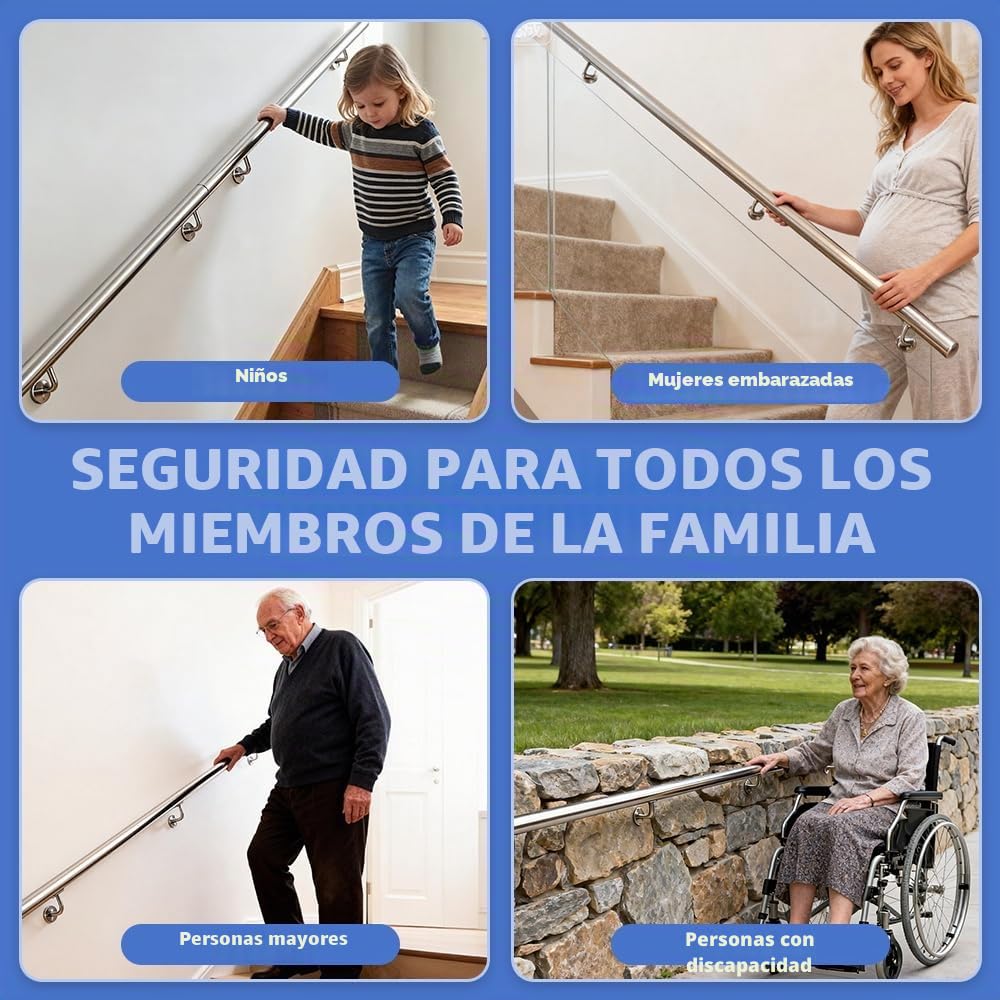 Pasamanos de Acero Inoxidable Magtctyae 200 cm Barandilla para Escalera Exterior Interior Escaleras con Soporte de Pared y Tapas Finales, Plata
