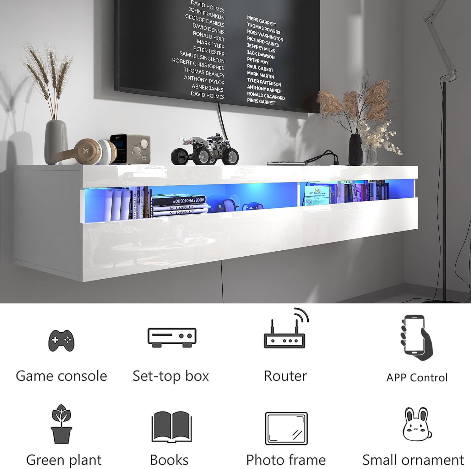 Solid Wood Floating TV Stand, Wall Mounted TV Shelf with Led Lights & Power Outlet, 71" Modern Entertainment Center Media Console with Storage, High Gloss TV Cabinet for 65/75/80 inch TV