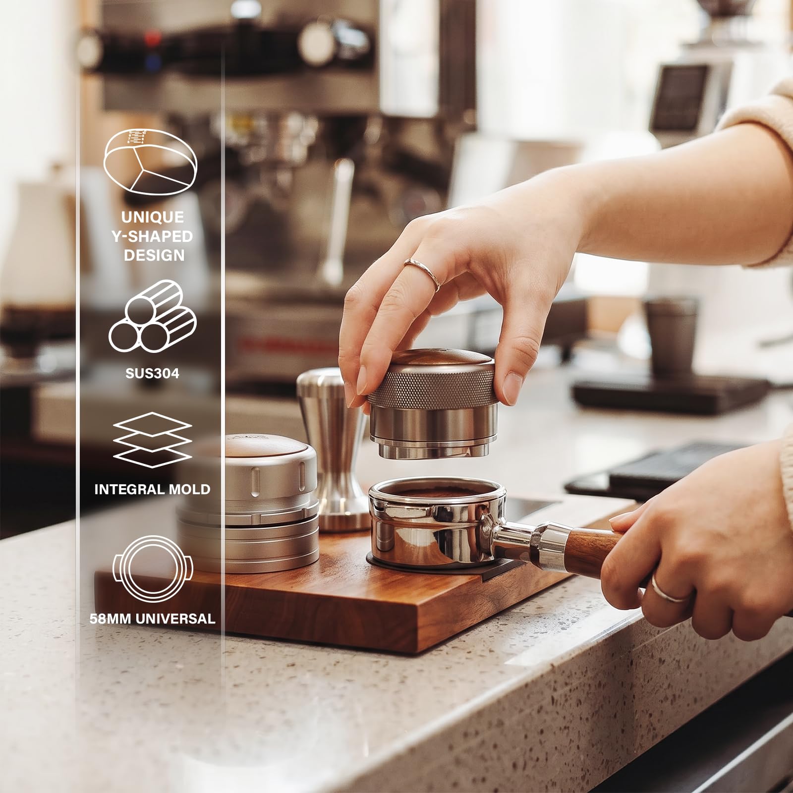 CrossCreek Dystrybutor espresso 58 mm, regulowana głębokość pasuje do wszystkich portafiltrów do espresso 58 mm, Breville/Rancilio/La Marzocco, narzędzia do dystrybucji ze stali nierdzewnej i orzecha