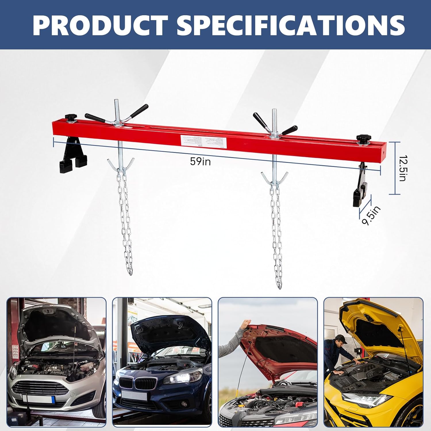 Engine Support Bar 1100lbs Capacity Motor Transverse Bar with 2 Points Lift Holder Dual Hook Cross Hoist Engine Hoist for Home Garages Auto Repair Shop