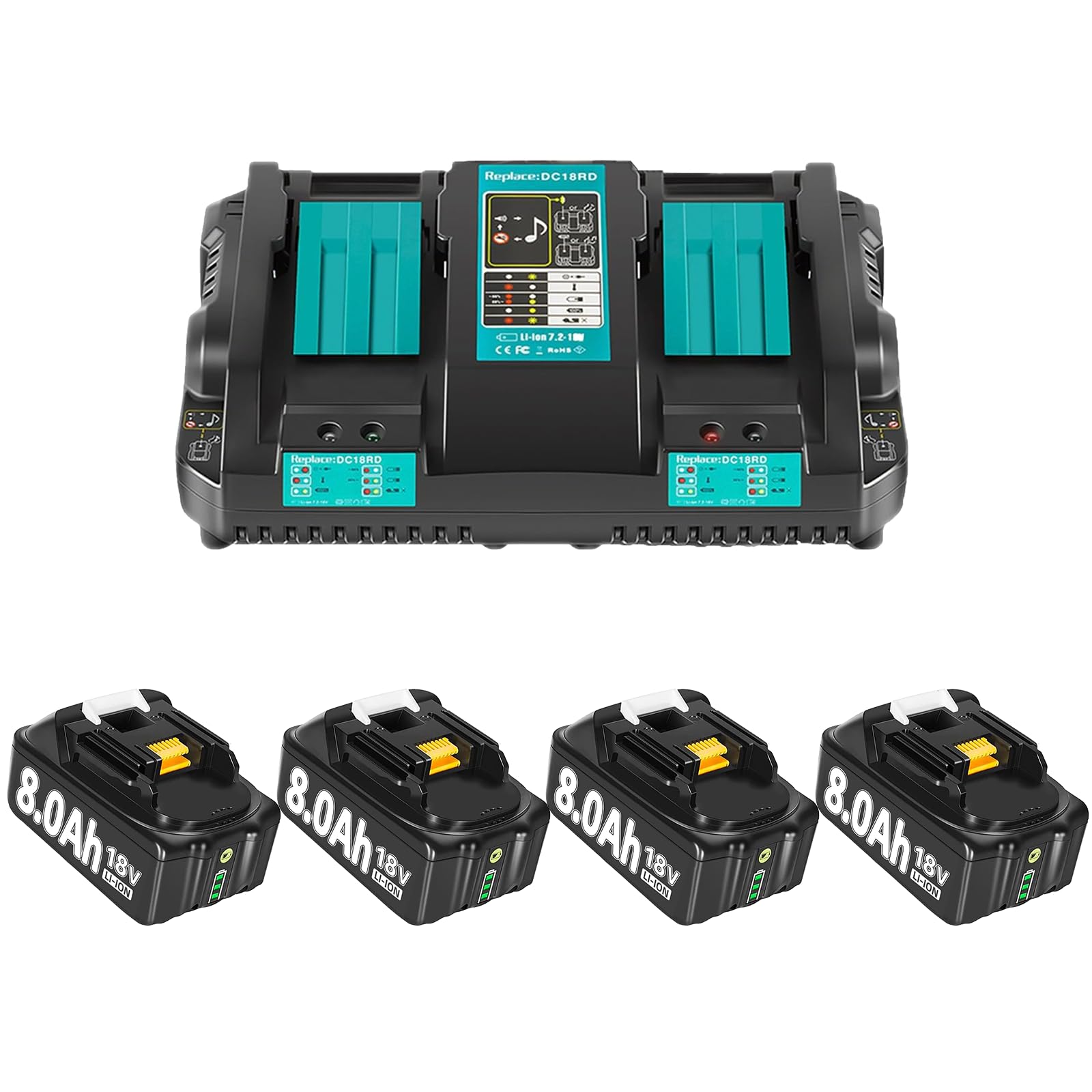 4 Packs 8000mAh Replacement for Makita 18V Batteries + DC18RD Dual Port Charger Compatible with Makita Battery Lithium-ion BL1860B BL1850 BL1840 BL1845 BL1830 BL1860 BL1820 BL1835 with LED Indicator — image 1
