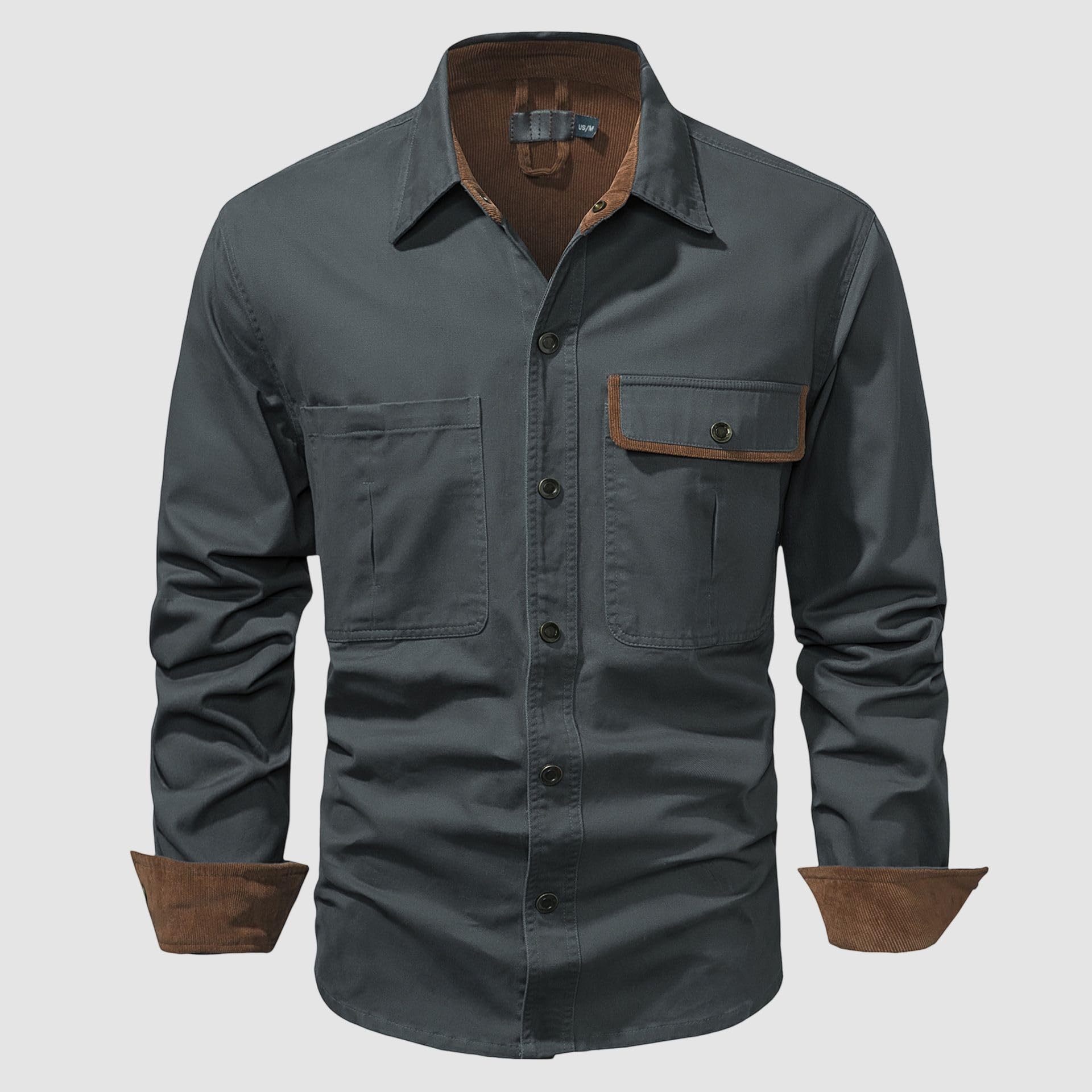 Camicia da lavoro in cotone tinta unita a maniche lunghe con colletto a taglio largo lavato