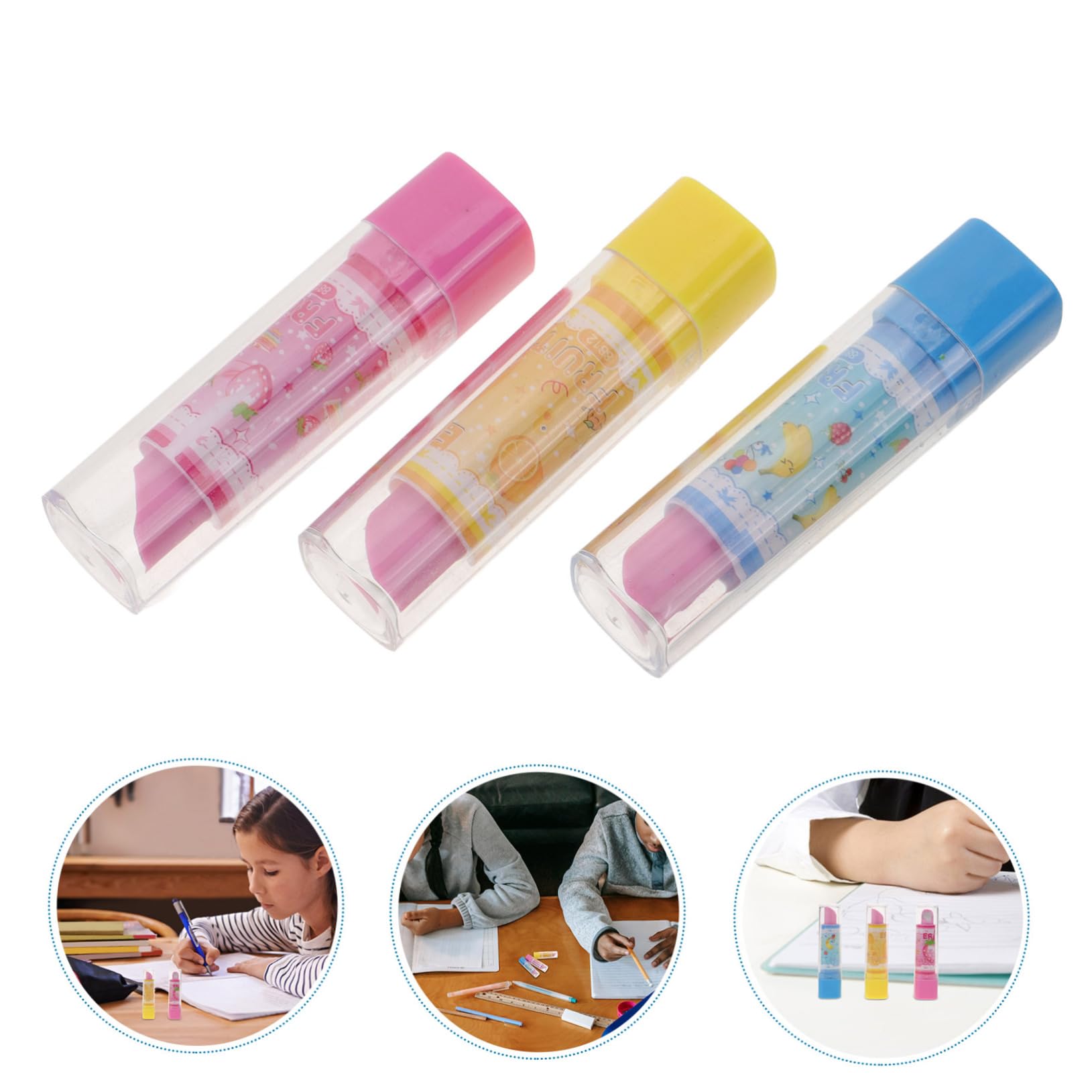 ibasenice Lipstick Shape Erasers 3Pcs Creative Fruit Pattern Pencil Erasers Kids School Stationery Portable