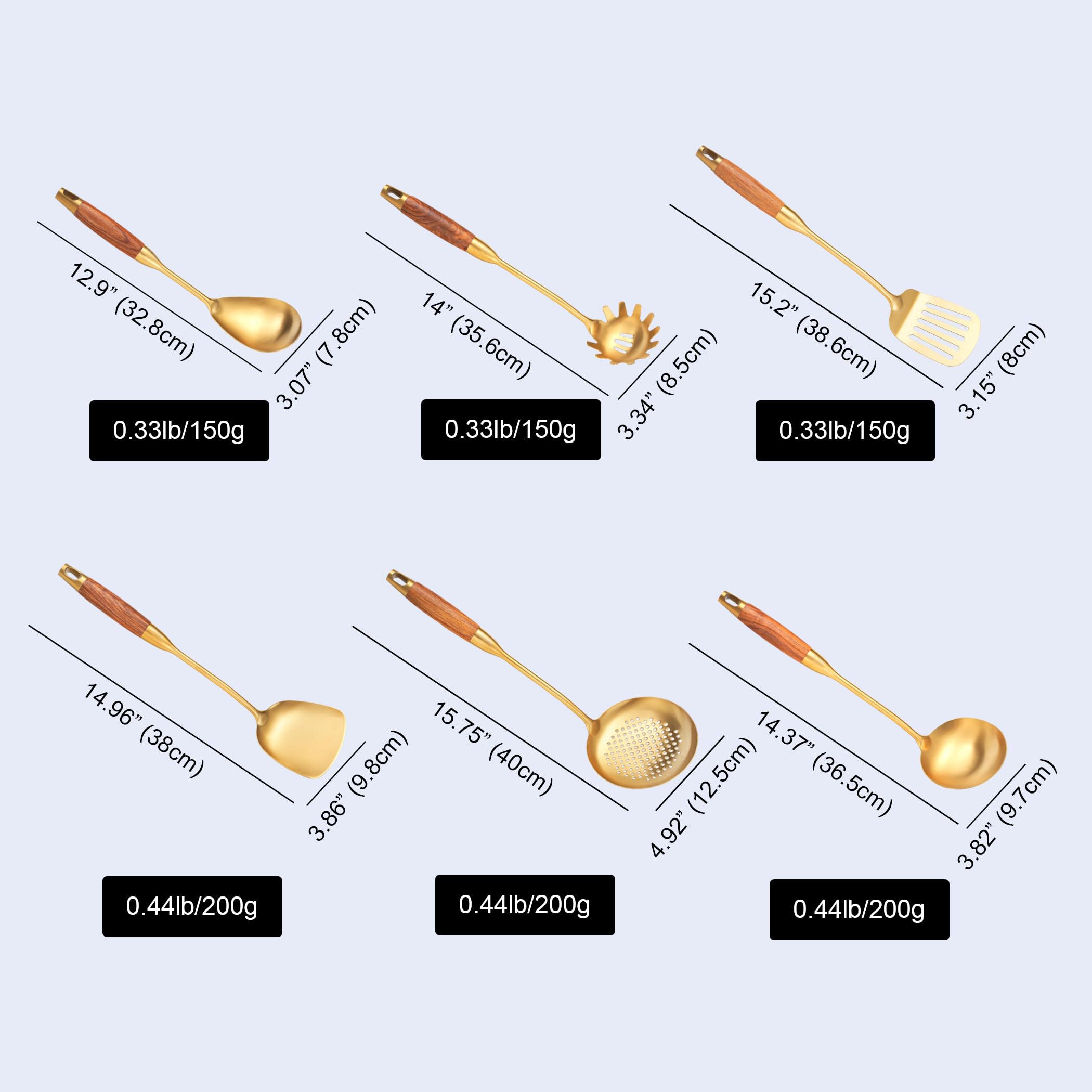 Juego de utensilios de cocina dorados con mango de madera, juego de 6 utensilios de cocina profesionales, espátula wok, cucharón, espumante, espátula ranurada, cuchara de espagueti, cuchara