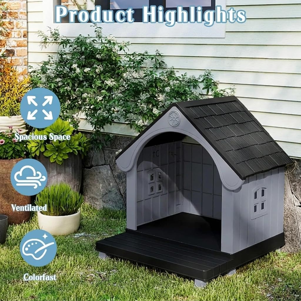 VIXZEN Large Dog House Outdoor, Plastic Weatherproof Dog House with Elevated Floor and Open Front, Easy to Clean & Assemble, Durable PP Material Pet Shelter for Large Dogs Outside (Black)