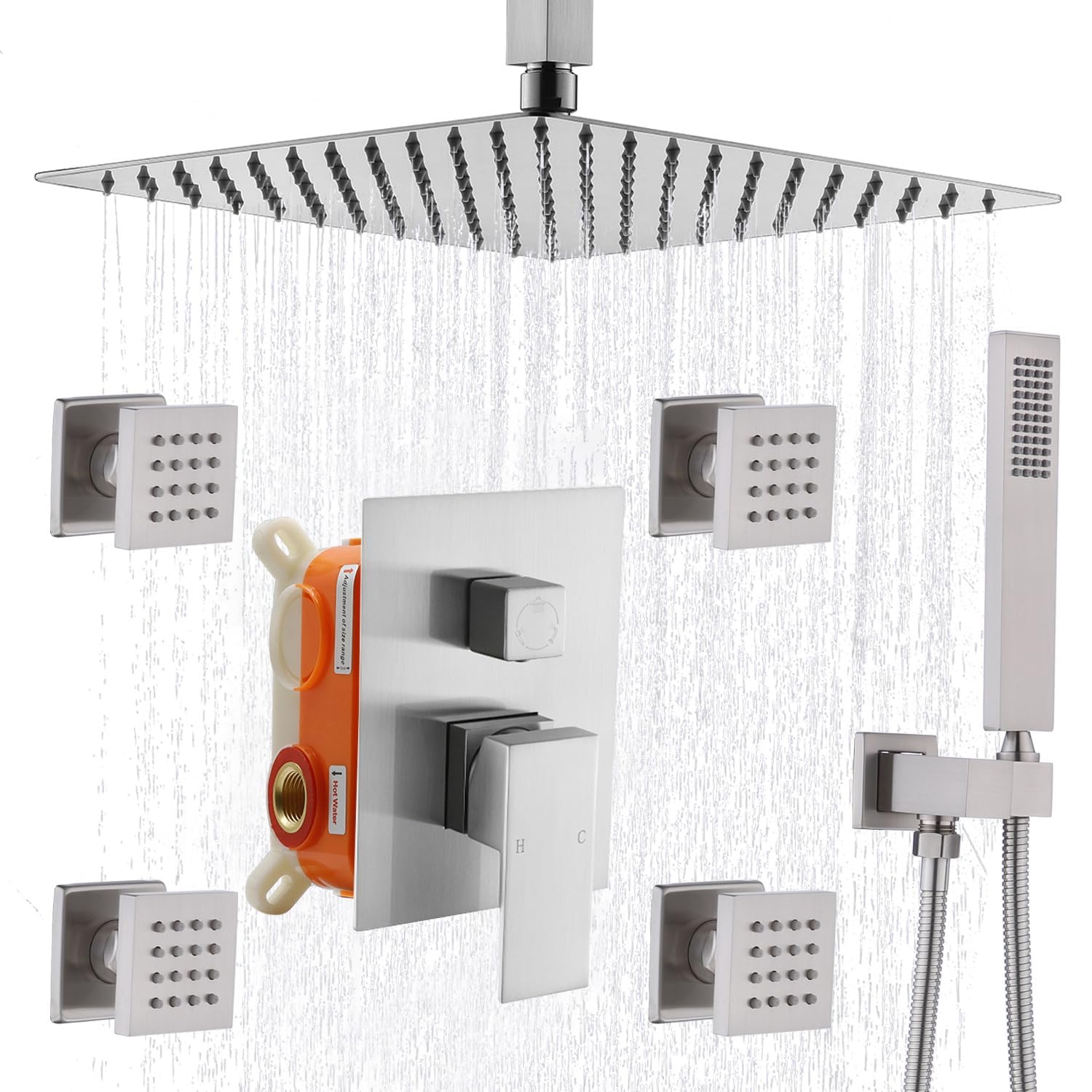 Enga Rain Shower System with Body Jets, 12" Ceiling Rain Shower, All Metal Multiple Shower Head System, Contain Rough-in Shower Valve, Brushed Nickel