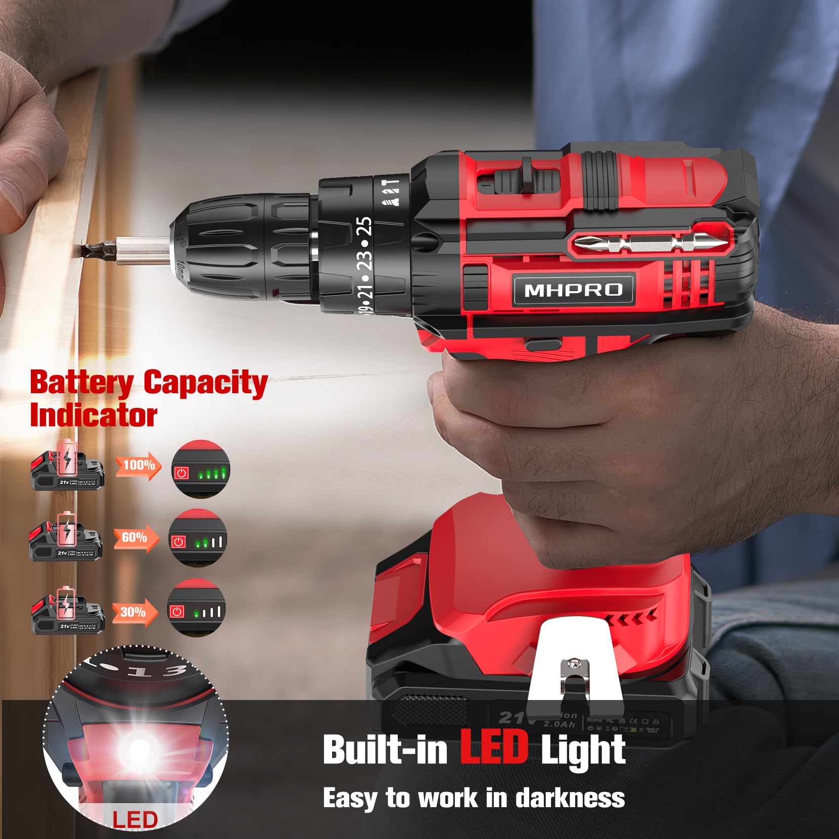 MHPRO Taladro Percutor a Bateria 21V, Taladro Atornillador Bateria con 2 Baterías 2000mAh, 42Nm, 25+3 Ajuste de Par Destornillador Electrico, 30 Accesorios, 2 Velocidad, LED Luz Para Hogar, Bricolaje
