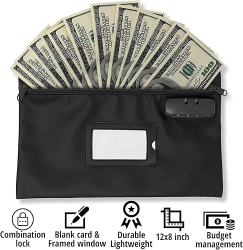 Miniatura 2 de Bolsa de dinero para efectivo con cerradura  12 x 8 pulgadas  Negro  Bolsa de banco con cierre de cuero sintético  Bolsa de dinero con cierre