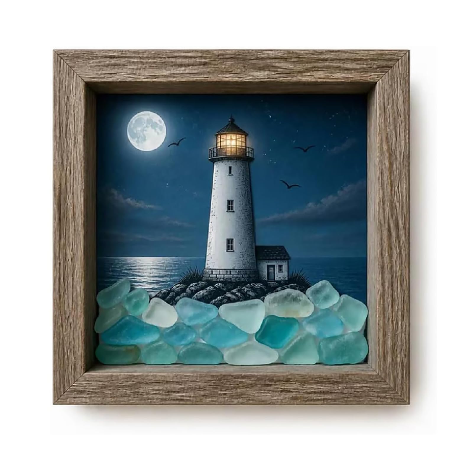 KIEYIQE Coastal Lighthouse Sea Glass Shadow Box Night Light - Beach Sea Glass Frame Box Wall Decor, Coastal Lighthous Lamp Decor for Bedrooms, Living Rooms, Reading Corners (A)