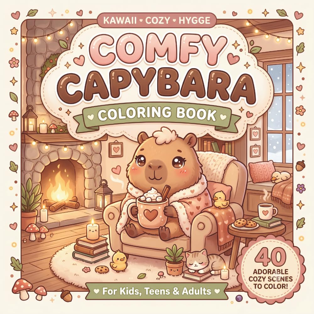 Comfy Capybara Coloring Book: 40 Adorable Kawaii & Cozy Scenes for Adults, Kids & Teens | Cute Hygge Moments for Relaxation, Stress Relief & Creative Fun