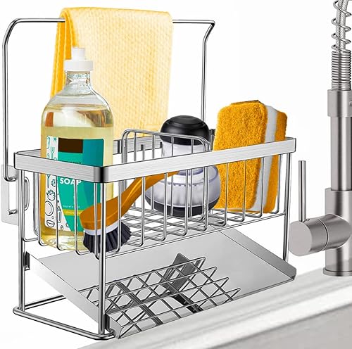 Soporte de esponja para fregadero de cocina, organizador de acero inoxidable 304 dispensador de jabón de cocina con bandeja de drenaje automático,