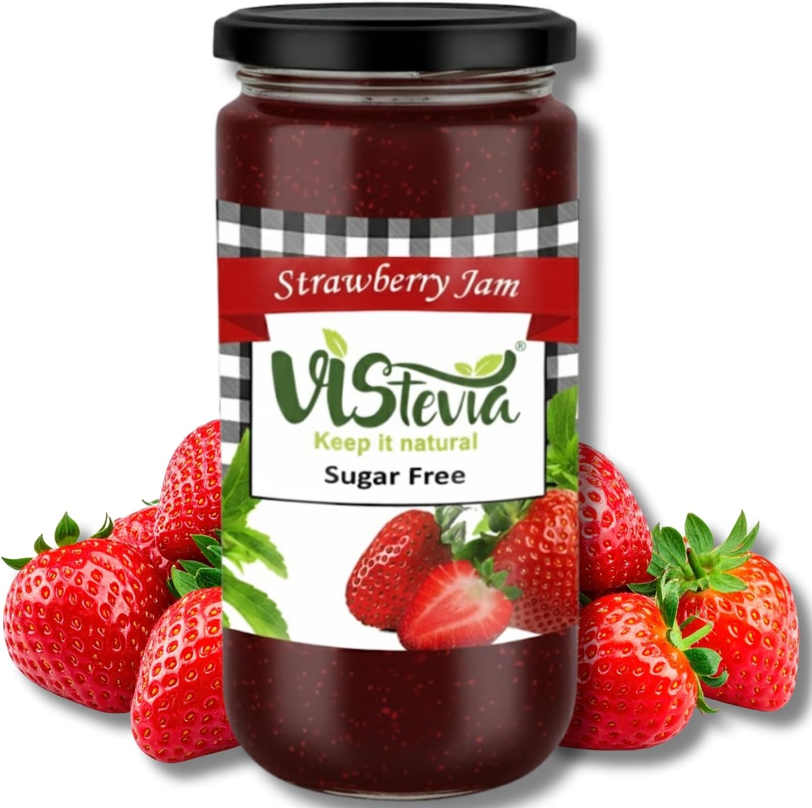 Vistevia Sugar Free Strawberry Jam, Diabetic and Keto Friendly - Sweetened Naturally with Stevia, More Than 60% Strawberries Content - Tastes Delicious - Pack Of 1 (420GM)