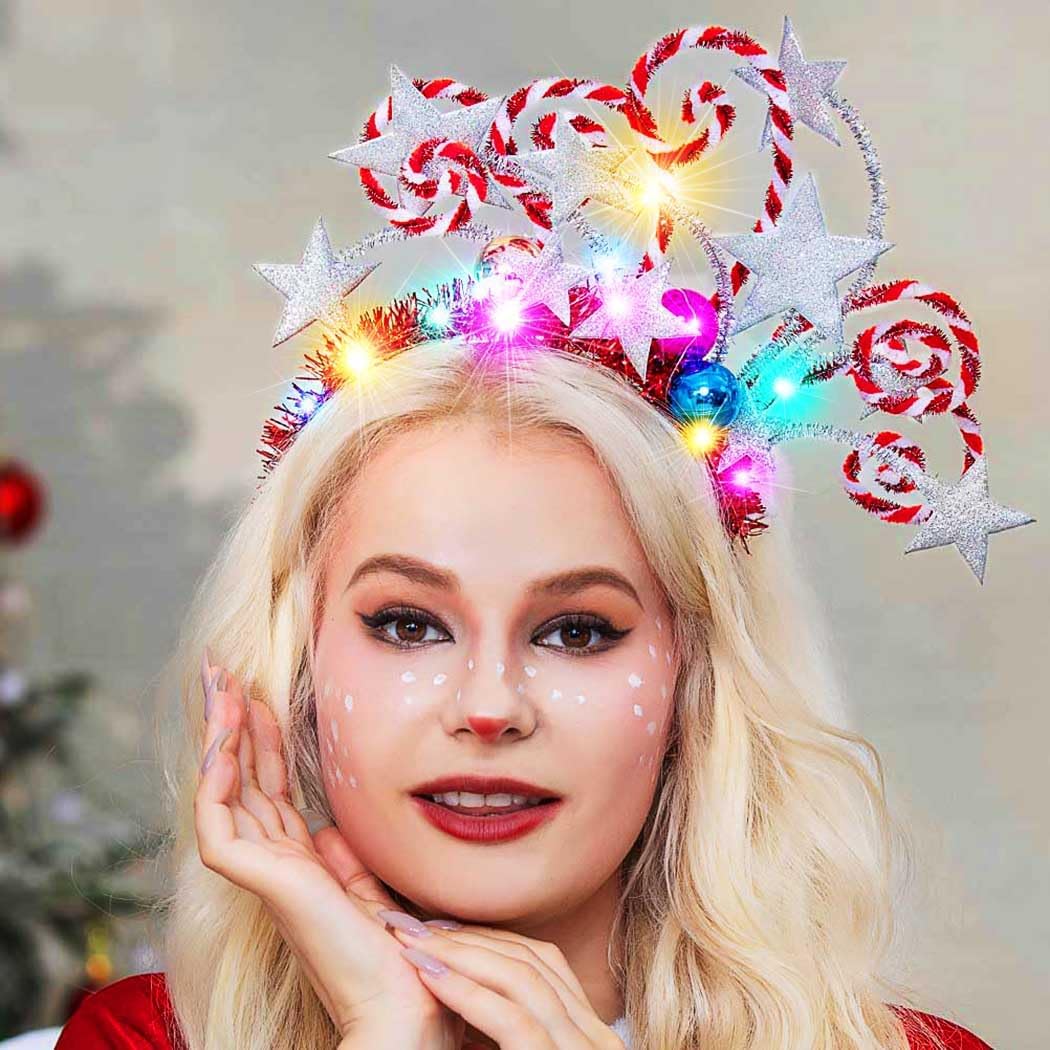 Kilshye Light Up Star Christmas Headband Ball Xmas Hairband Candy Cane Headwear Costume Hair Hoop Party Hair Accessories for Women and Girl - Image 5