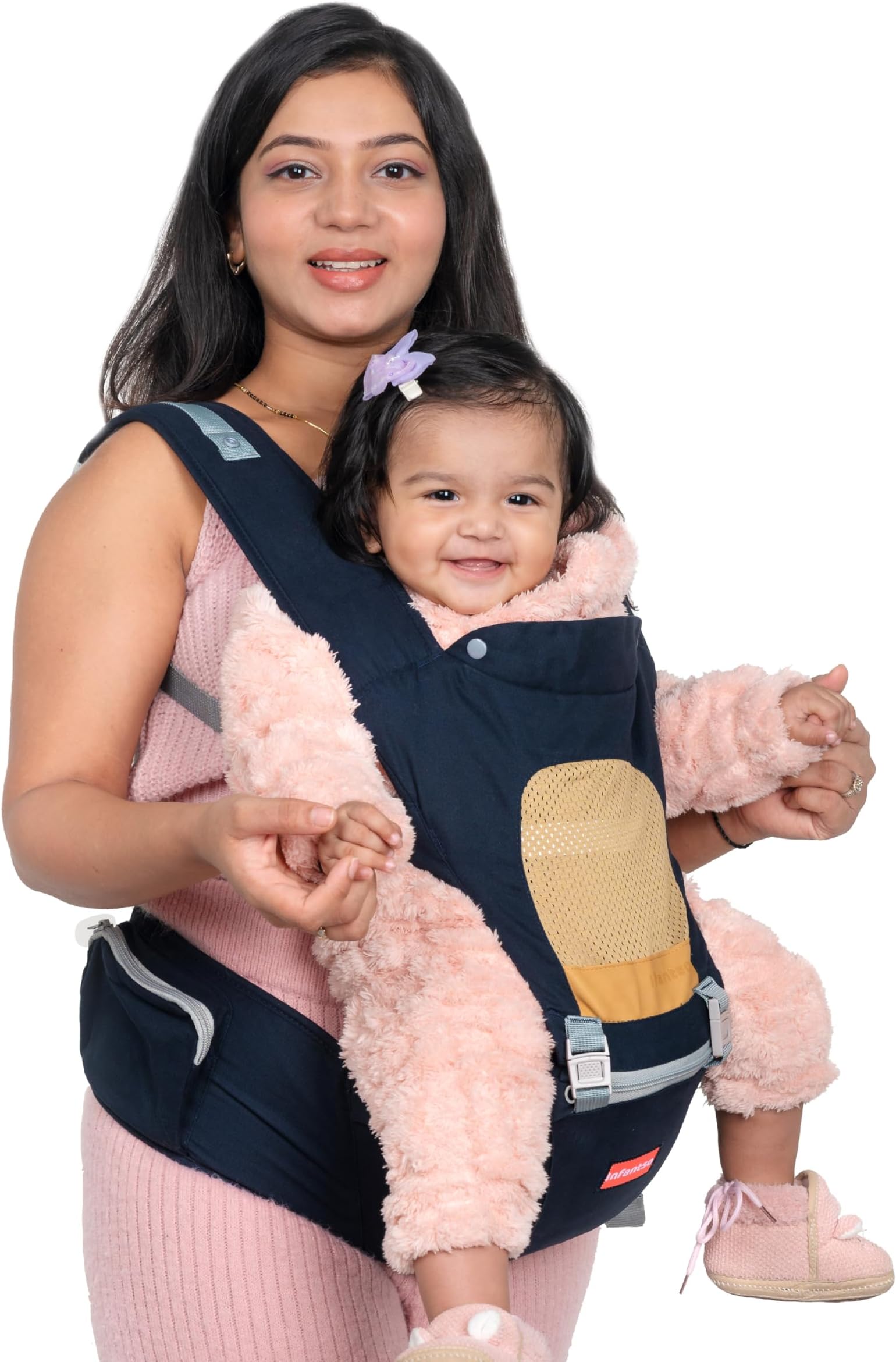 Infantso Hip Seat Baby Carrier (Navy Blue) with 4 Adjustable Carry Positions, 100% Cotton Fabric,for 3 to 24 Months Toddlers, Kangaroo Style New Born to Toddler Carrier with Up to 15kg Weight