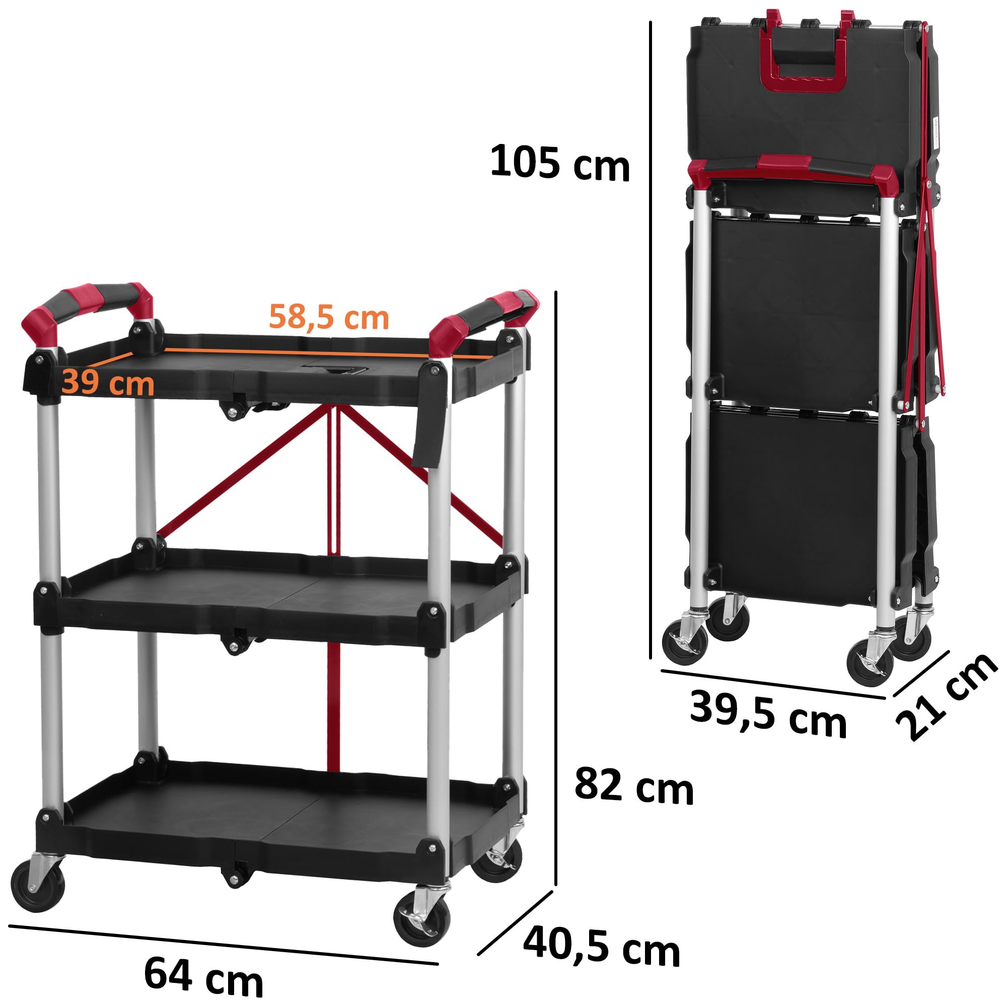 Mahlzeit Carrito de Servicio con Ruedas Plegable | 64 x 40,5 x 82 cm | Capacidad hasta 150 kg | Color Rojo/Negro | Estantería Plegable 3 Pisos | Carro Auxiliar Multiusos Restaurantes, Almacén, Casa