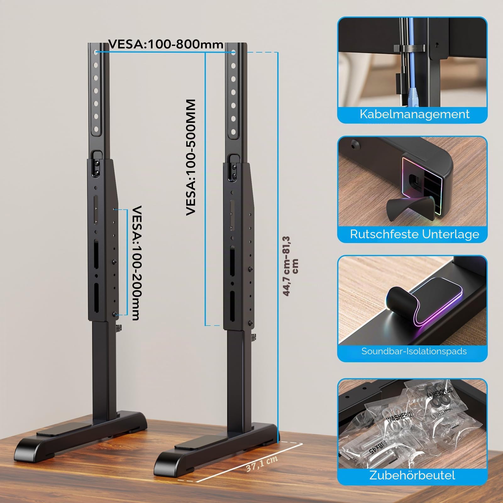 Universal Großer TV Ständer TV Standfuss Fernseher Standfüße Beine Höhenverstellbar für 24 zu 80 Zoll Fernseher Max. 50 KG VESA 800x500 mm HT10B-002