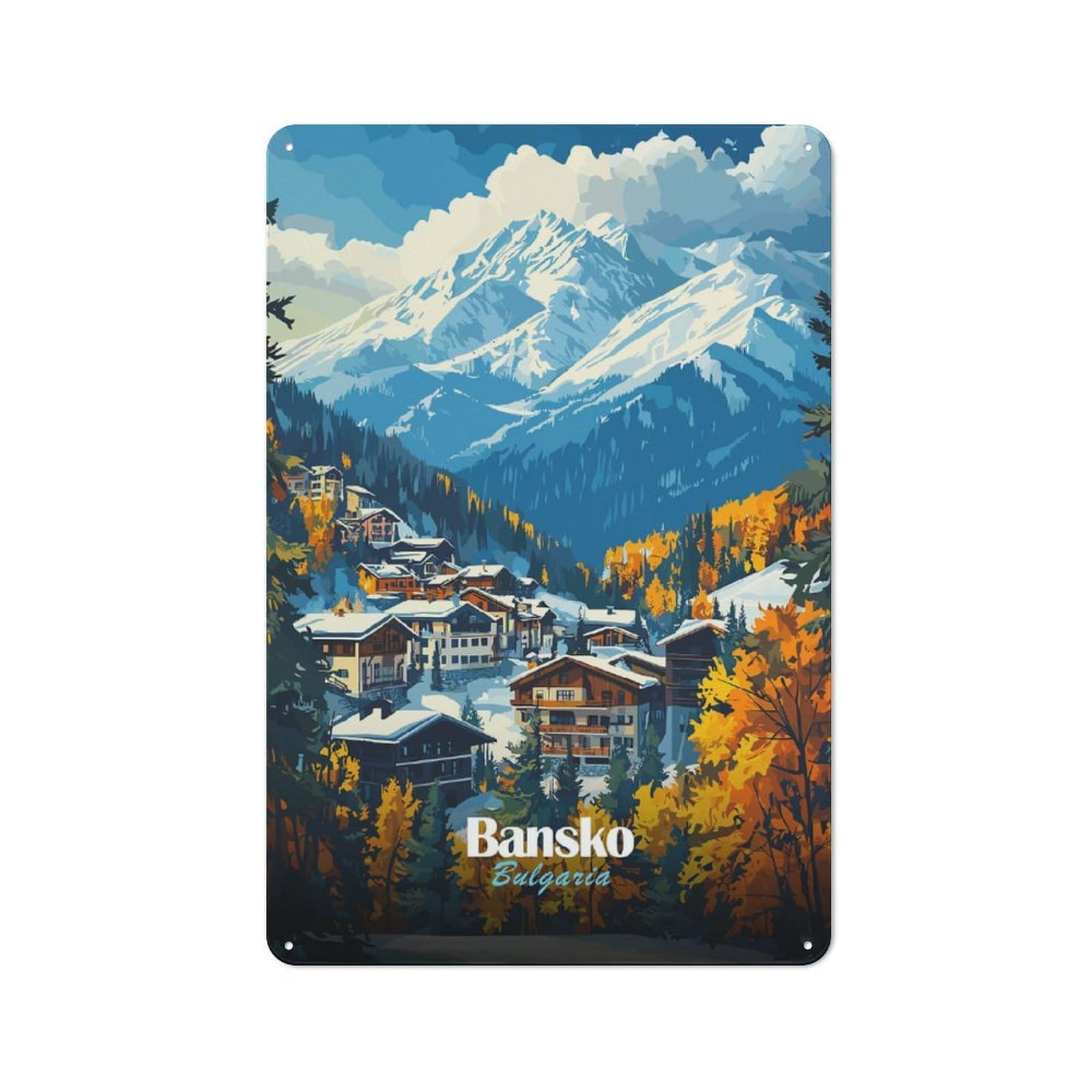 Junmoney Style-4 Tin Wall Plaque 30X20cm With Bansko, Bulgaria Mountain Village For Bar Or Restaurant, For Hospitality Decor Collectors