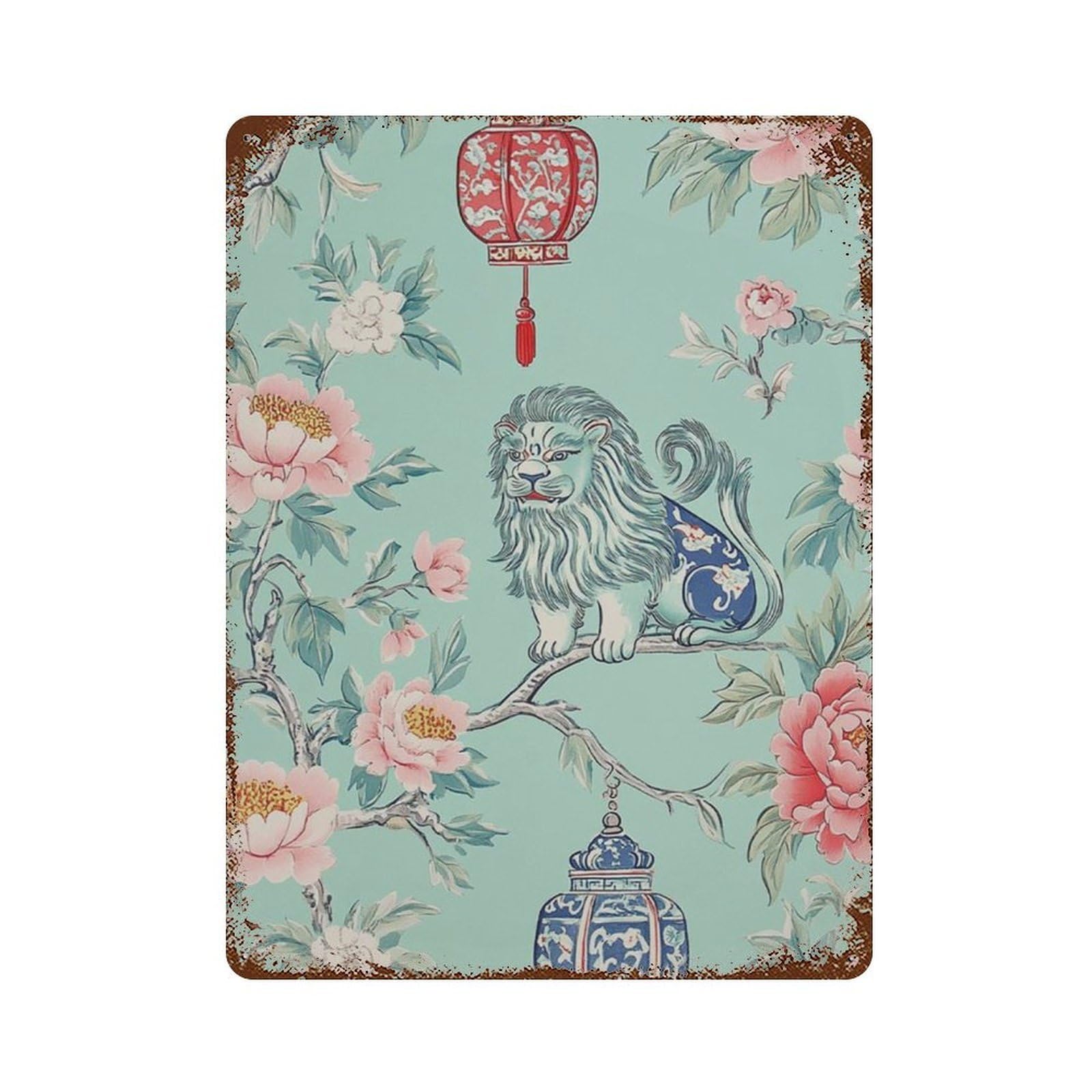 xiaoxiaoshen Chinoiserie Peony Chinese Guardian Lion Floral Asian Botanical Pattern Elegant O Wall Decor Art Metal Tin Poster Modern Home Decor Art Home Bar Shop Decorations Vintage Sign 40x30cm