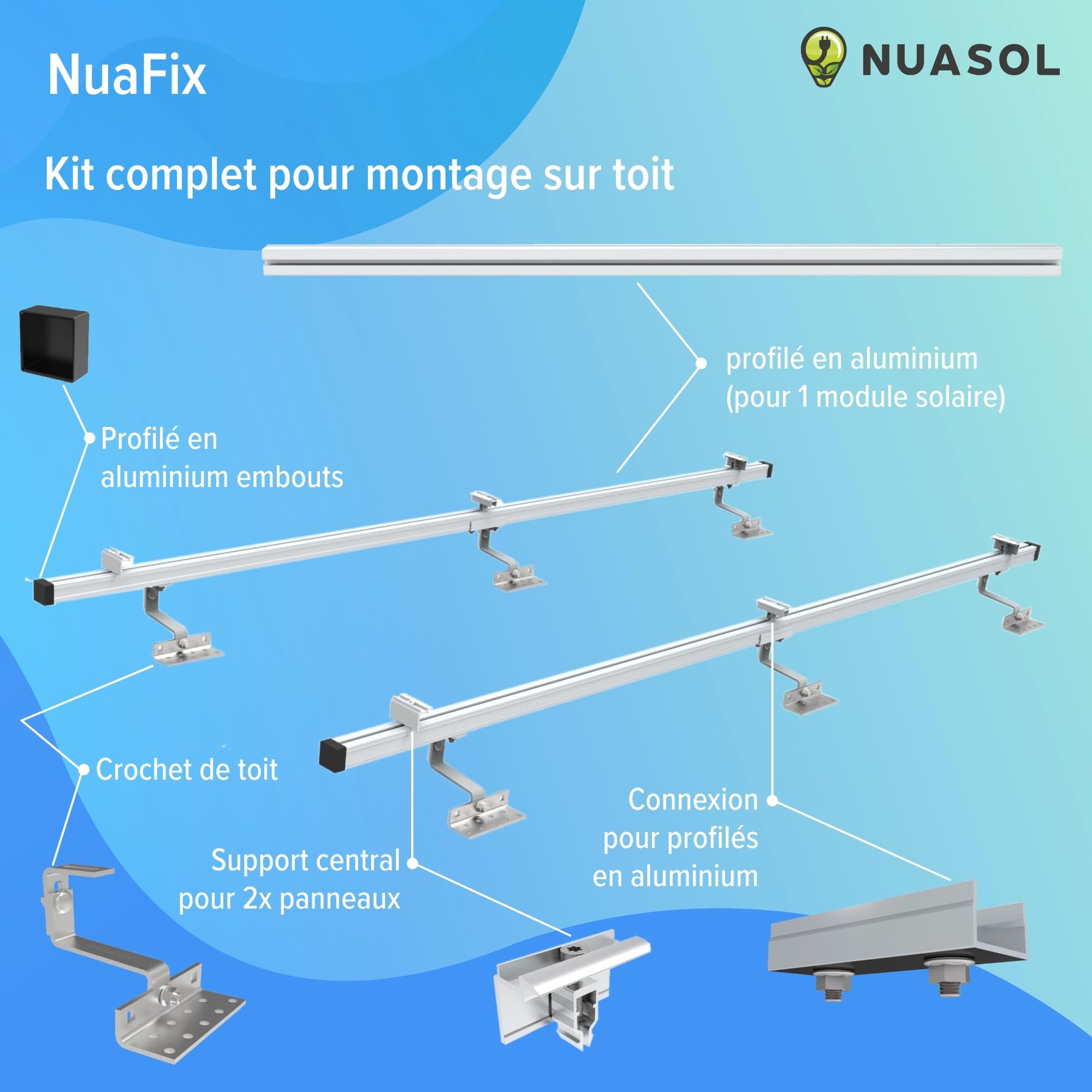 Lot de 2 crochets de toit photovoltaïques PV pour toit de tuiles - Avec profilé solaire en aluminium, embouts de 35 mm, jusqu'à 115 cm de largeur par module et 35 mm de hauteur, NS-HE-ZDM2