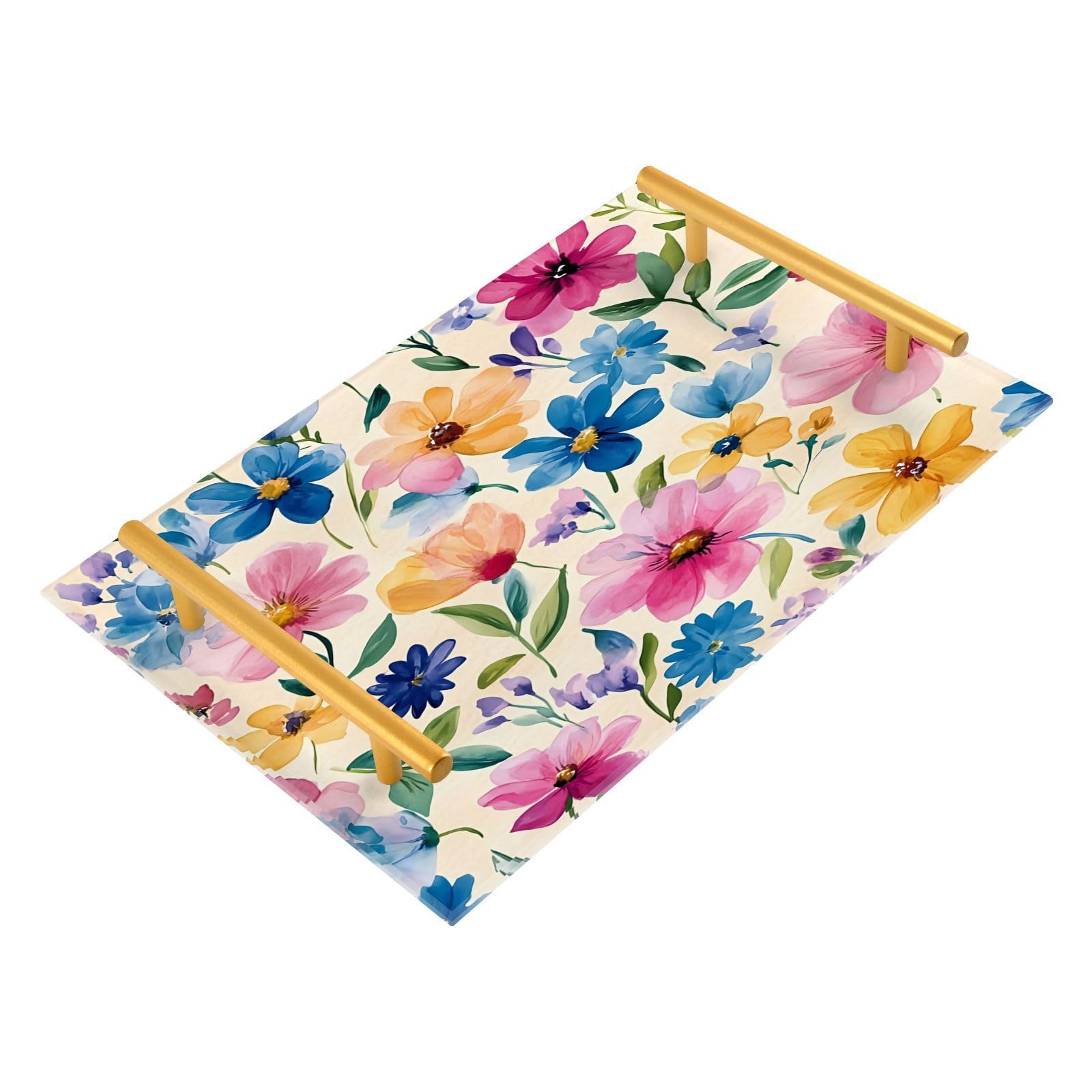 BOESI Watercolor Colorful Flowers Tray, Tray with Handles, Countertop Organizer, Decorative