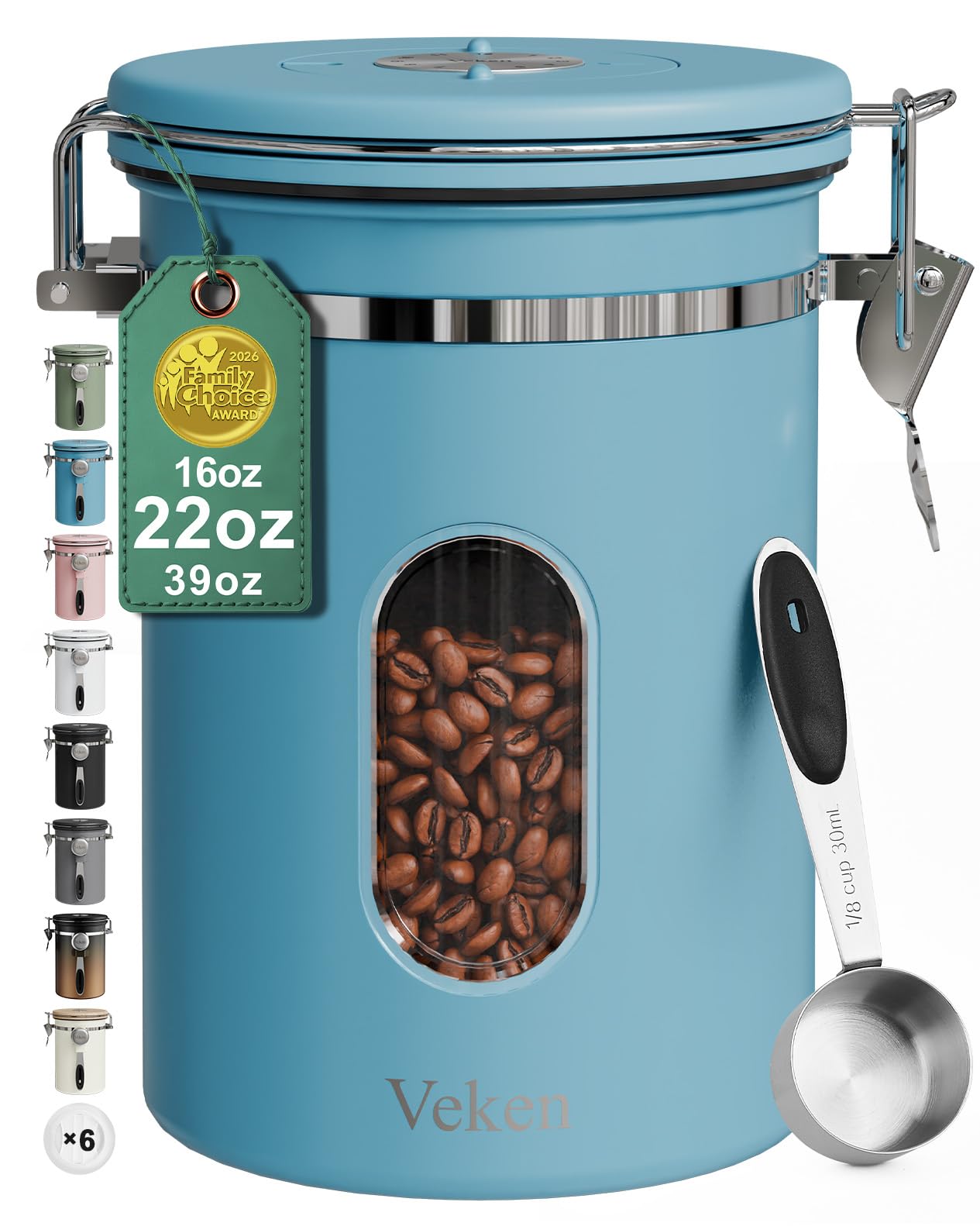 veken coffee canister with window, easter gifts airtight stainless steel container with lids, home kitchen food storage jars for grounds, beans, tea, flour, cereal, sugar, basket, scoop, 22oz, blue