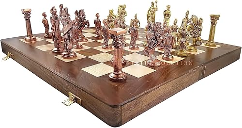 Miniatura 2 de Juego de ajedrez con piezas esculpidas de latón en estilo romano antiguo con tablero plegable de madera de 16 pulgadas, paquete de 1, multicolor