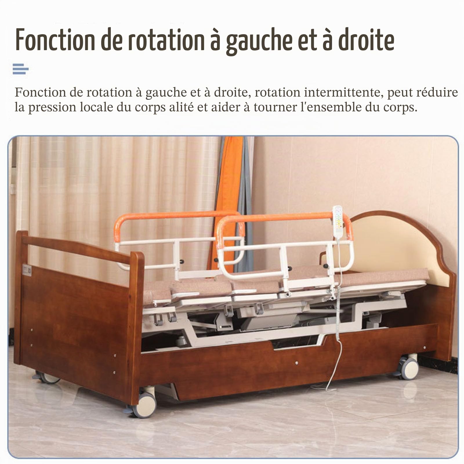 Lits d'hôpital avec 8 Fonctions de Rotation, lit médicalisé entièrement électrique avec Inclinaison latérale, Aide-Soignant à Domicile avec Roues silencieuses jusqu'à 240 kg