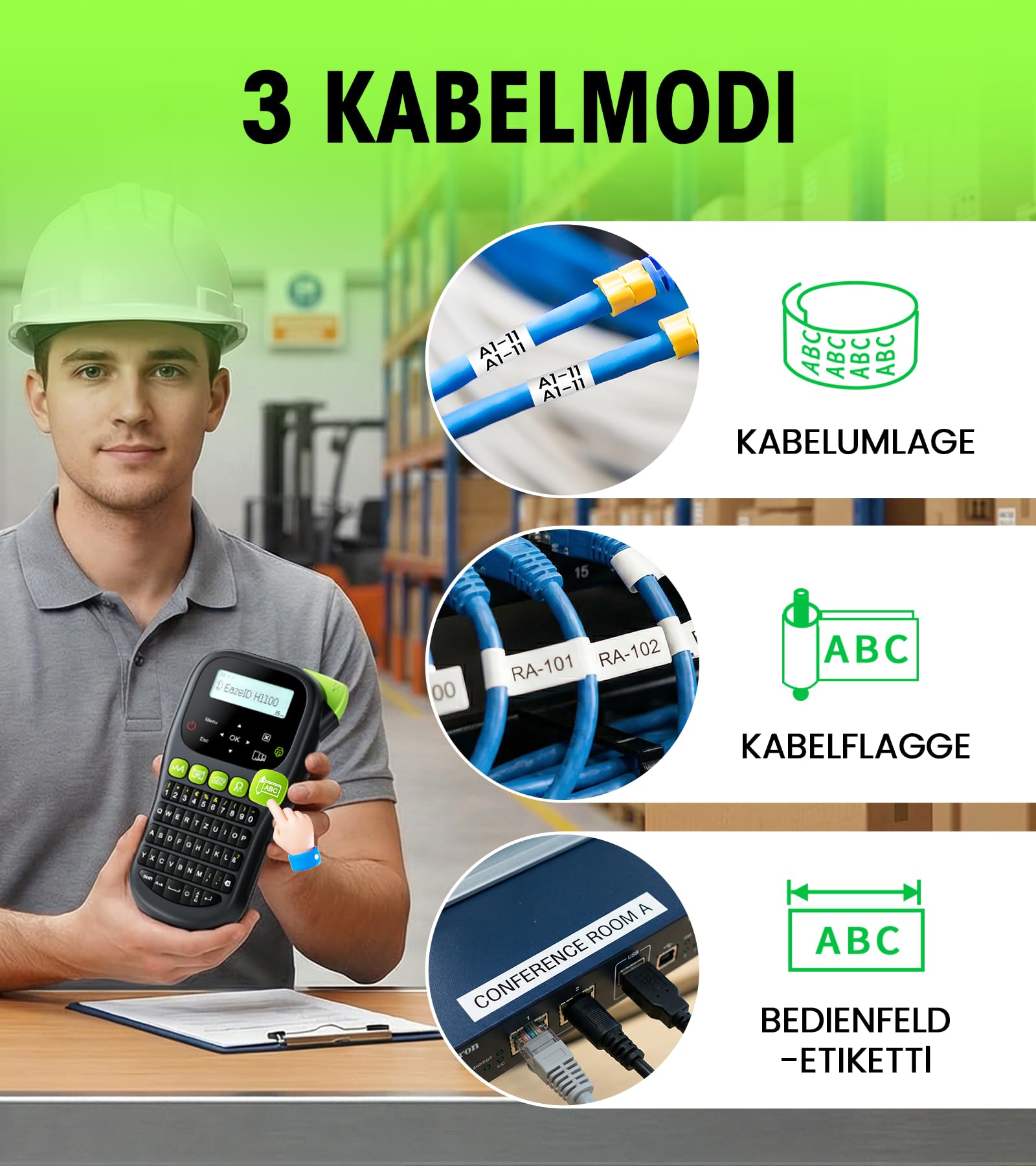 H1100 etichettatrice portatile industriale, LCD retroilluminato, include 4 nastri BZ da 12mm. Stampante etichette marcatura cavi per industria, ufficio e officina