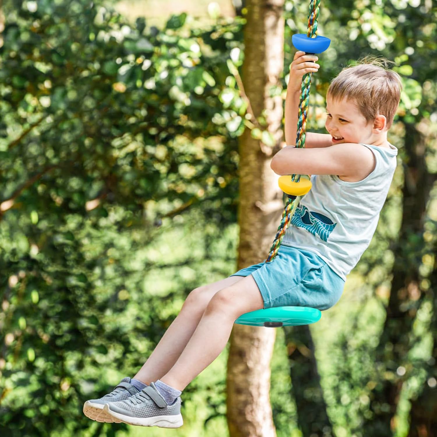 Tree Swing for Kids,Heavy Duty Single Disc Seat Climbing Rope Set with Hanging Strap and Platform Carabiners for Backyard Treehouse and Outdoor Playground Accessories (Aqua Blue)