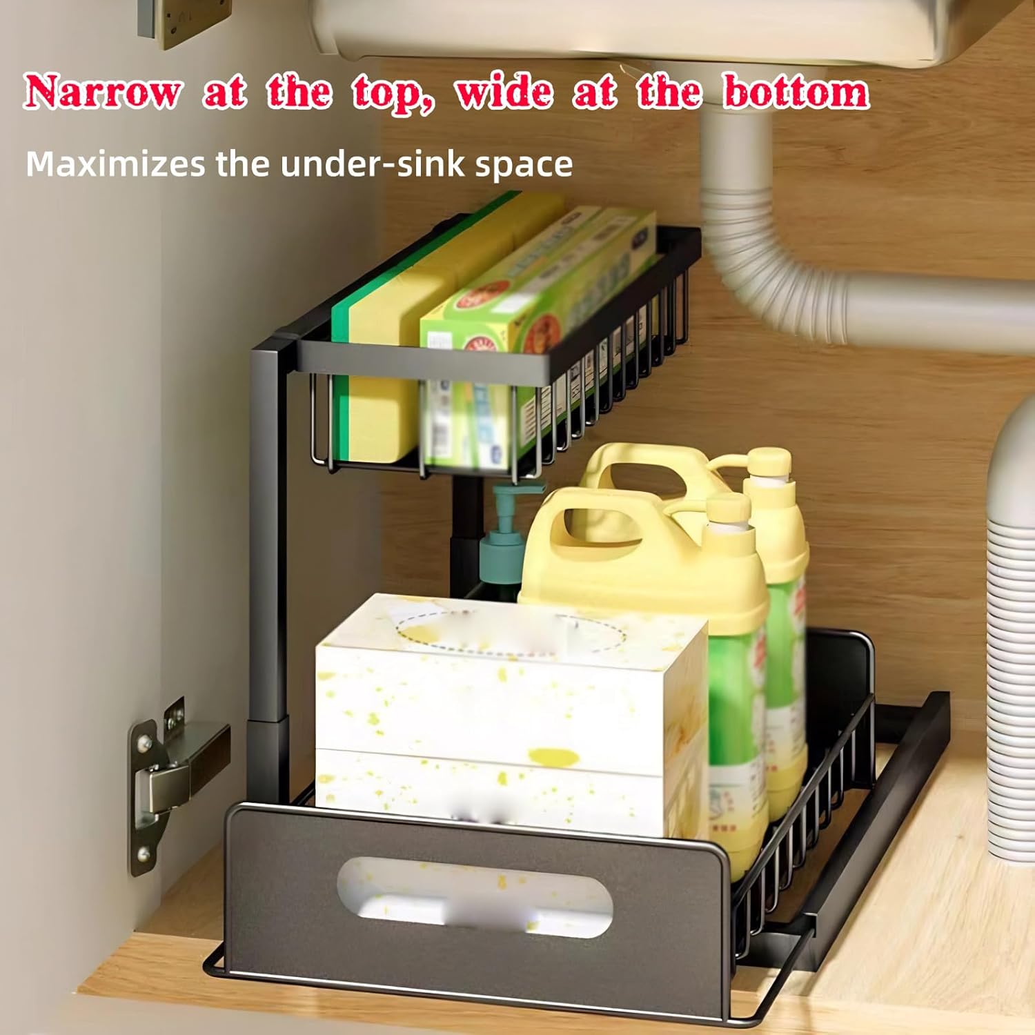 Under Sink Storage, 2 Tier Pull Out Cabinet Organizer,L-Shaped, Metal Wire Basket Slide Out Drawer for Kitchen Bathroom Countertop, Black, 36.5x27x26.5cm