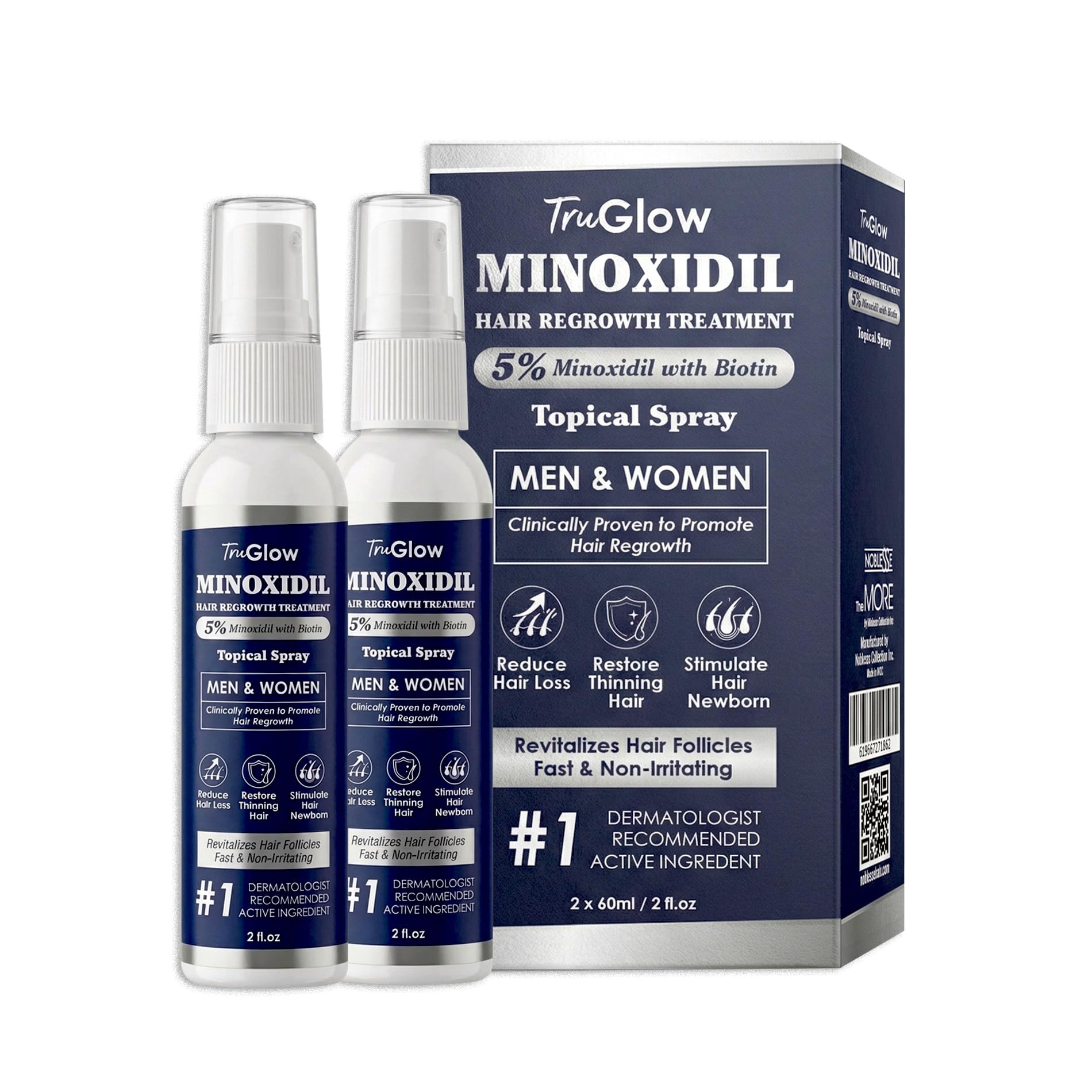 TruGlow 5 Minoxidil Hair Regrowth Treatment Spray for Men Women with Thinning Hair Topical Scalp Solution Unscented -