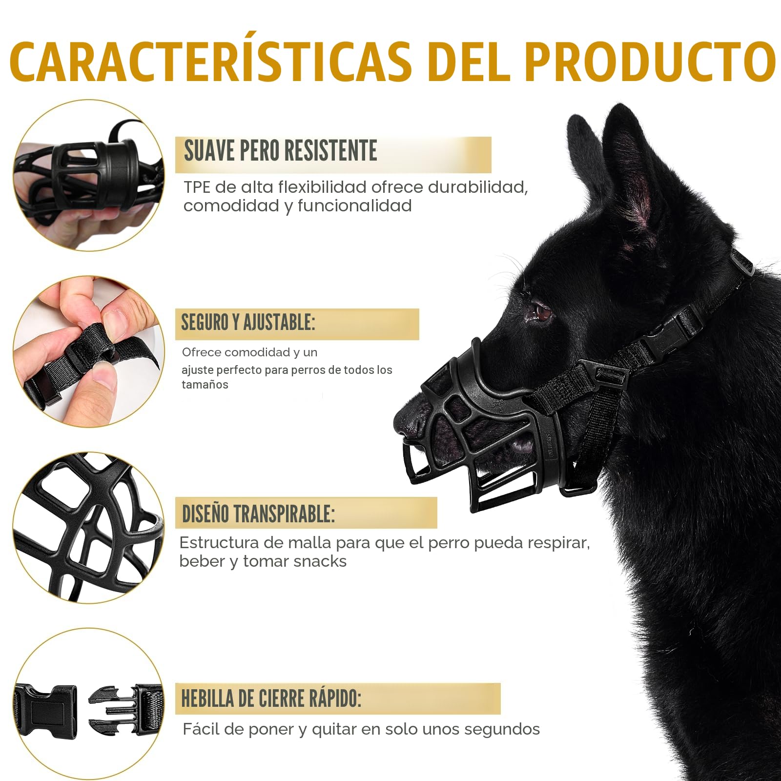 OneTigris bozal para perro, bozal suave para perros, goma resistente, correa ajustable, adecuado para bozales de perros medianos y grandes, prevención de ladridos, mordidas y masticación (XL)