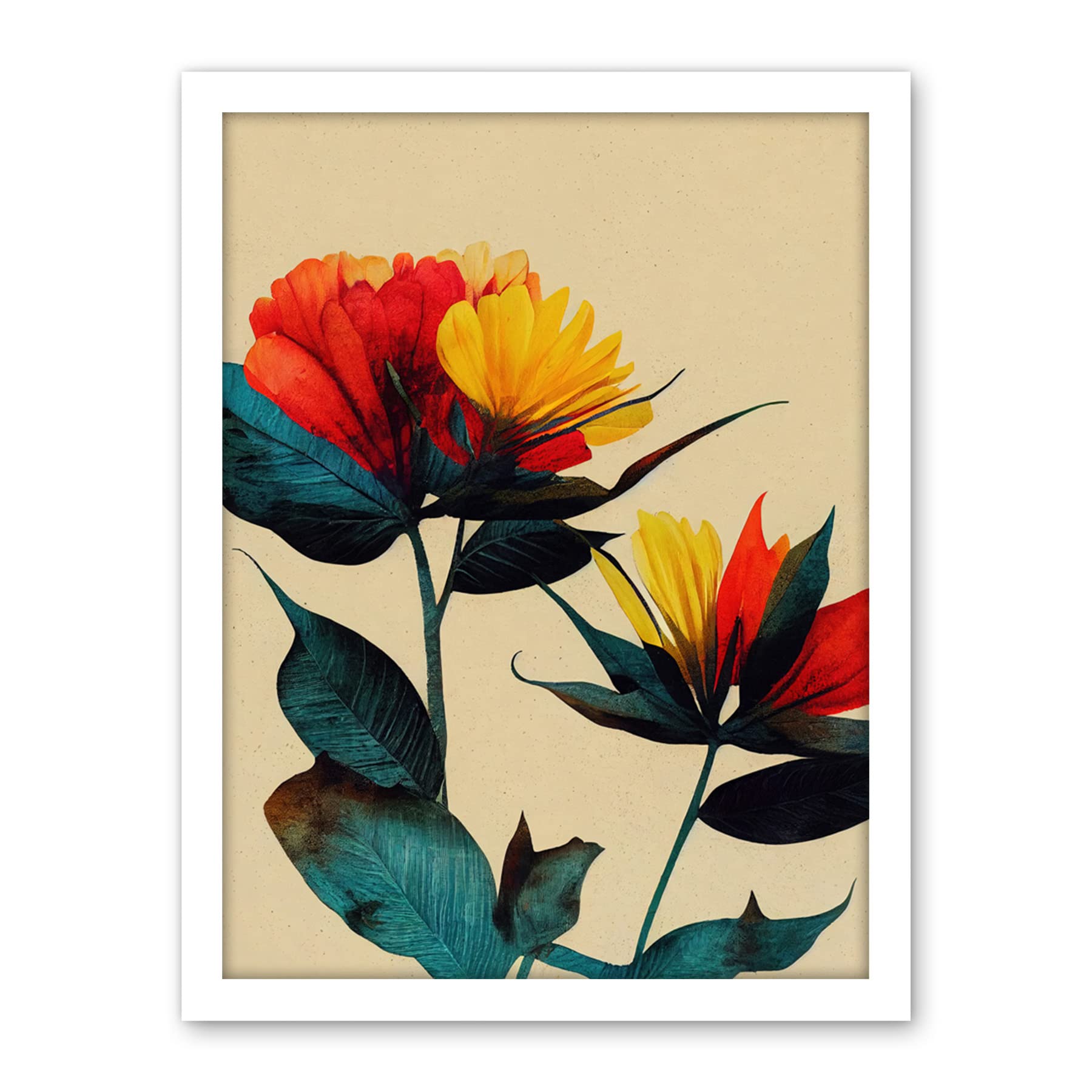 Wee Blue Coo Botanical Bold Flowering Yellow Red Teal Artwork Framed Wall Art Print 18X24 Inch