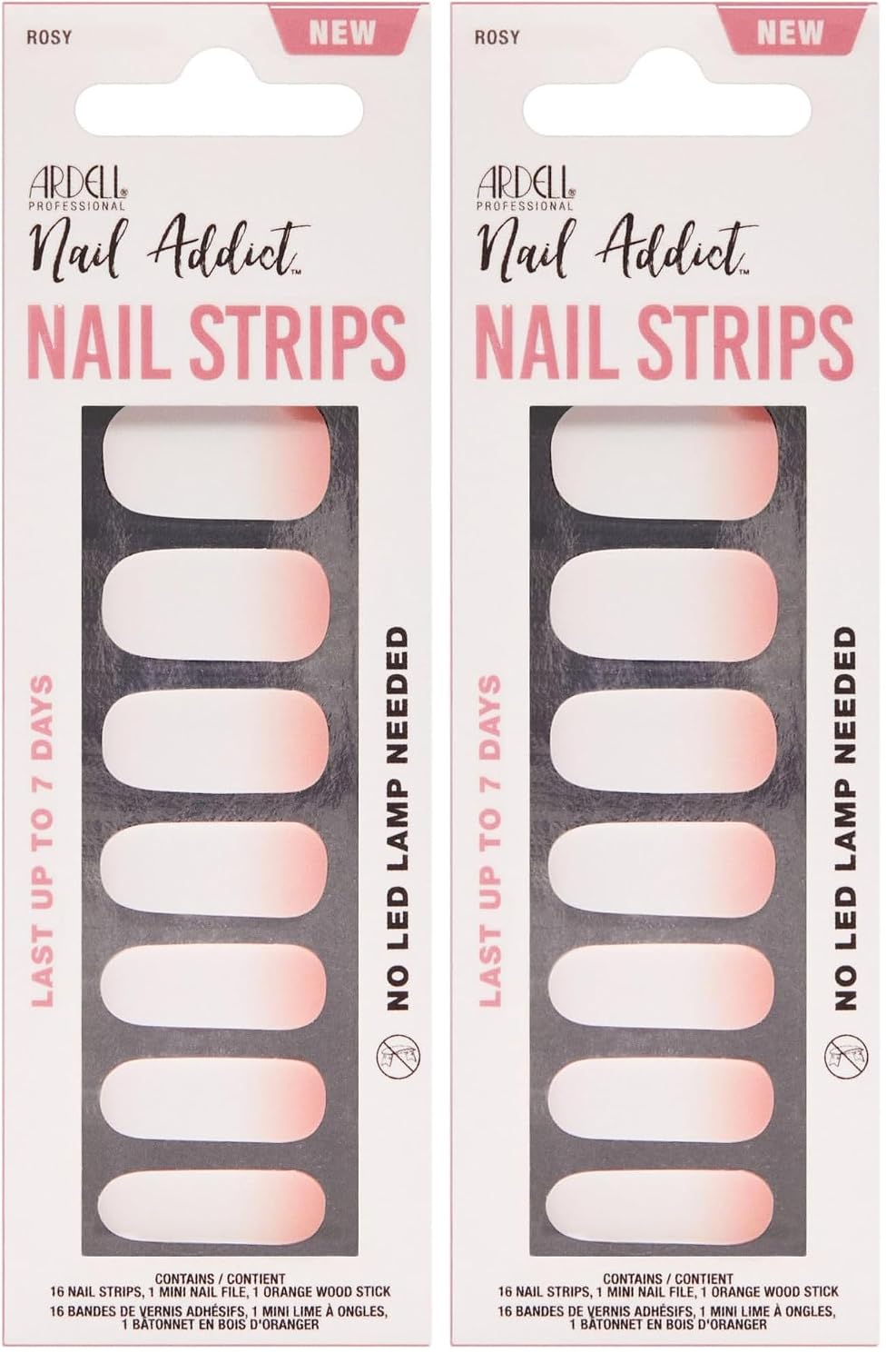 Ardell Nail Addict Nail Strips, Kiss Me Quick Nail Wraps, No LED Lamp Needed, Long-Lasting Gel Nail Stickers, 16 Strips with Mini Nail File & Wood Stick (Pack of 2)