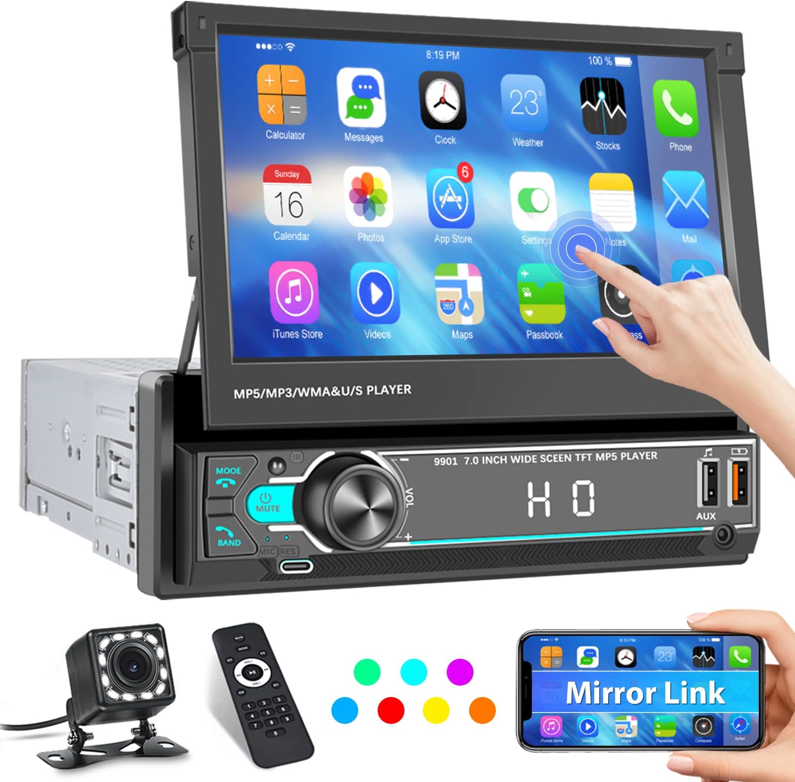 Autoradio Hikity 1 Din Con Schermo IPS Retrattile Da 7 Pollici, Wireless Carplay, Android Auto, Bluetooth, USB Type-C, Radio FM, Ingresso AUX, SWC, Telecamera Inclusa