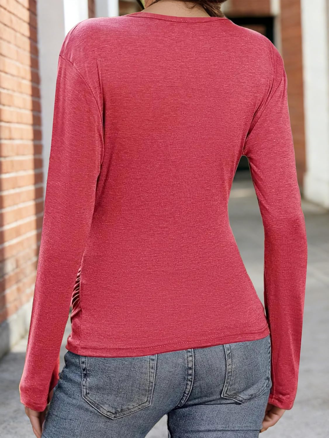 Women's Deep V Neck Cross Wrap Top, Long Sleeve Trendy Fall Ruched Asymmetricl Slim Fit Dressy Blouse - Image 3