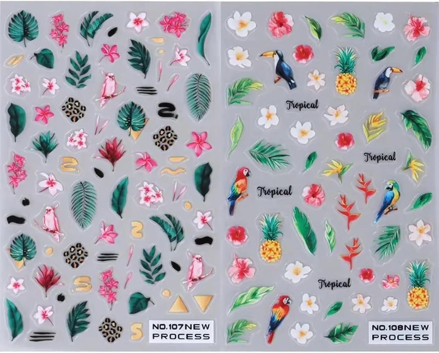 Summer Nail Art Stickers Decals 2 Sheets Tropical Style Nail Stickers Self-Adhesive Nail Art Decals Green Leave Flowers Parrot Toucan Pineapple Nail Supplies Spring Flower Manicure Sliders for Women