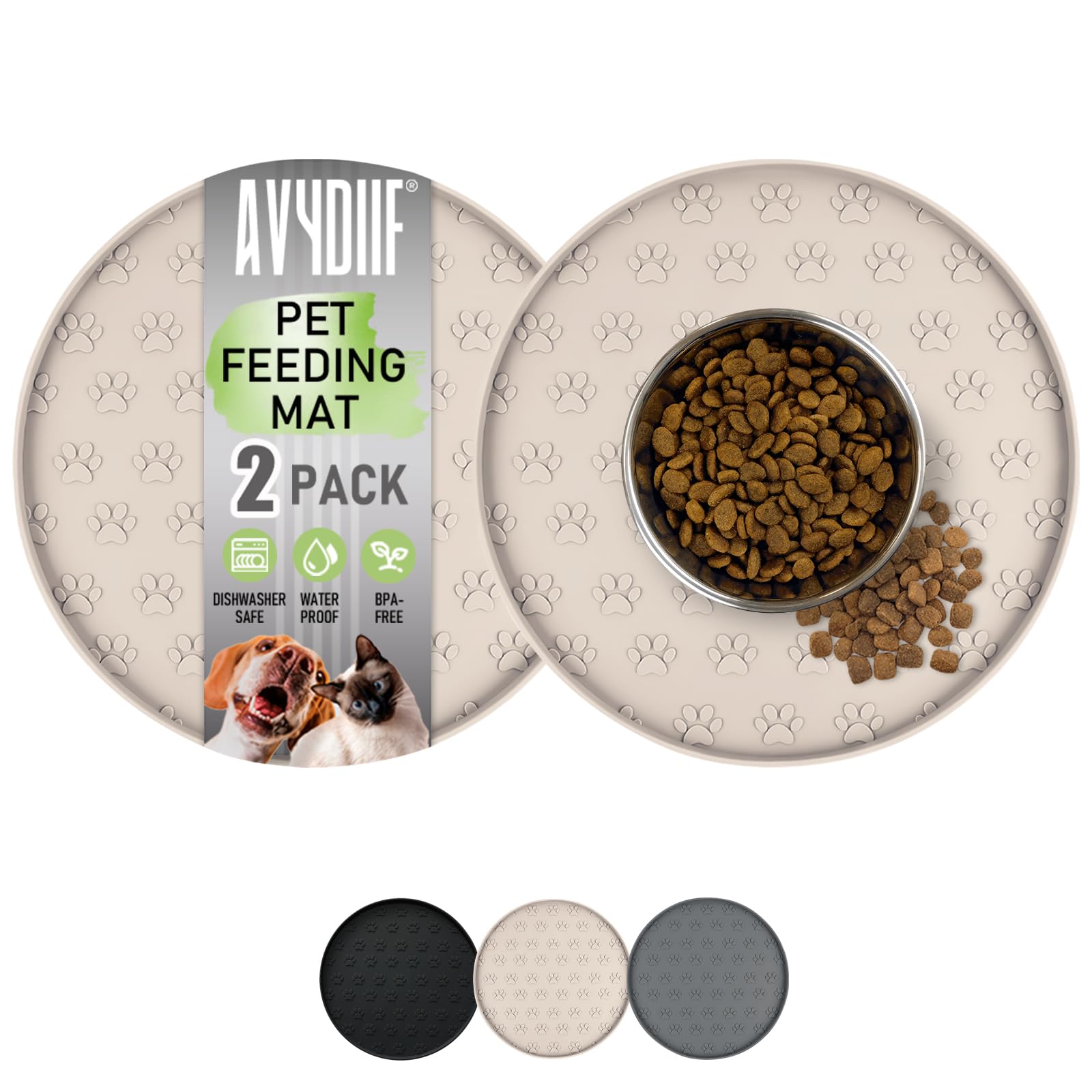 AVYDIIF 2 Pack Pet Feeding Mats, Waterproof Anti-slip Placemats for Dog Cat Bowl Silicone Pet Food Mat, Raised Edge Prevent Spills on Floor & Carpet, Dishwasher Safe (2 Beige, 28 X 28 cm) — image 1