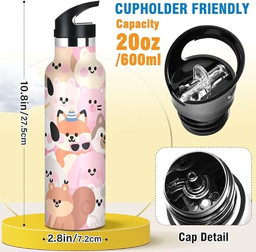 Miniatura 2 de Botella de agua de metal para niños con diseño de animales lindos de dibujos animados, a prueba de fugas, color rosa, a prueba de fugas, mantiene el