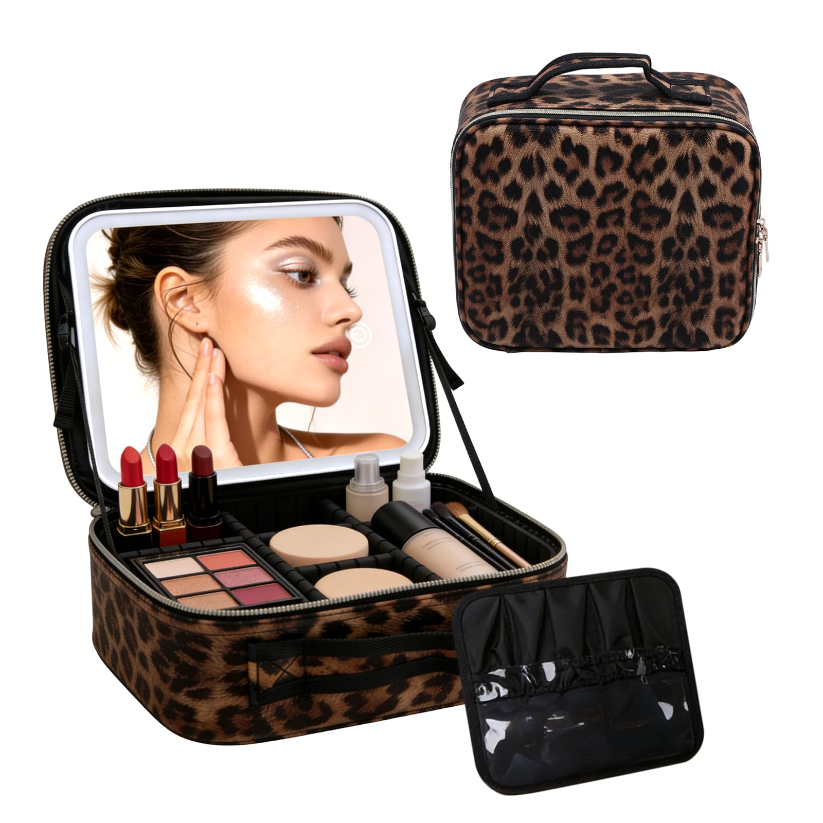 Reise-Make-up-Tasche mit LED-Spiegel, Make-up-Organizer mit verstellbarem Fach, großes Fassungsvermögen, Kosmetiktasche, 3 Farbmodi, beleuchteter Spiegel, Make-up-Tasche (Leopardenmuster)