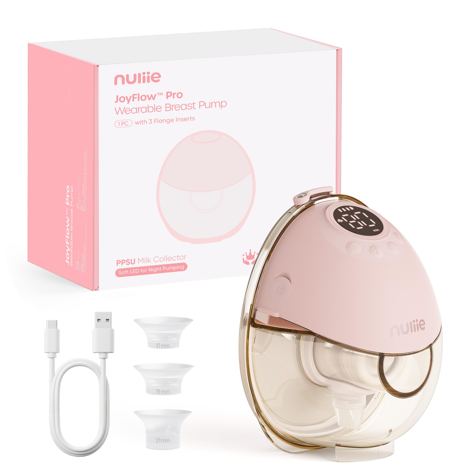 Nuliie JoyFlow Pro Tire-lait portable mains libres avec veilleuse & collecteur PPSU sans BPA, tire-lait électrique avec 4 modes & 12 niveaux, téterelle 24 mm, inserts 17/19/21 mm, lot de 1 Rose