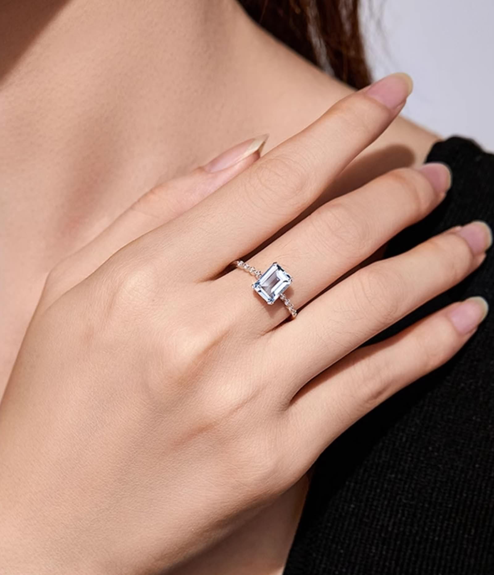 KnSam 9K/14K/18K Weißgold Verlobungsring Echt Gold Schmuck, 1.4ct Aquamarin Antragsring Klassiker Rechteckschliff Blau, Ring mit Moissanit 18/14/ 9 Karat Gold, Gr.47-70