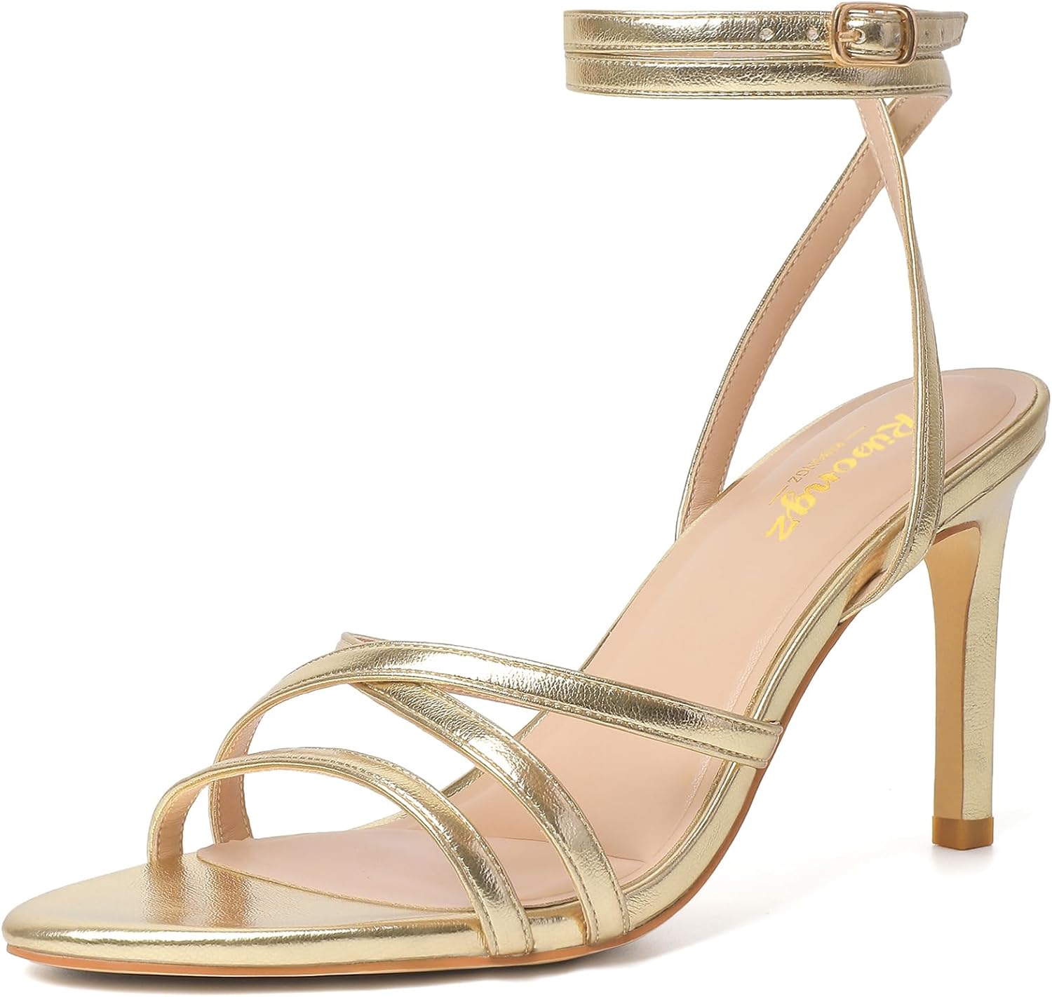 RIBONGZ Strappy Stiletto Kitten Heels Ankle Strap Sexy Heeled Sandals for Women Square Open Toe High Heels Wedding Bride Party Prom Dress Shoes