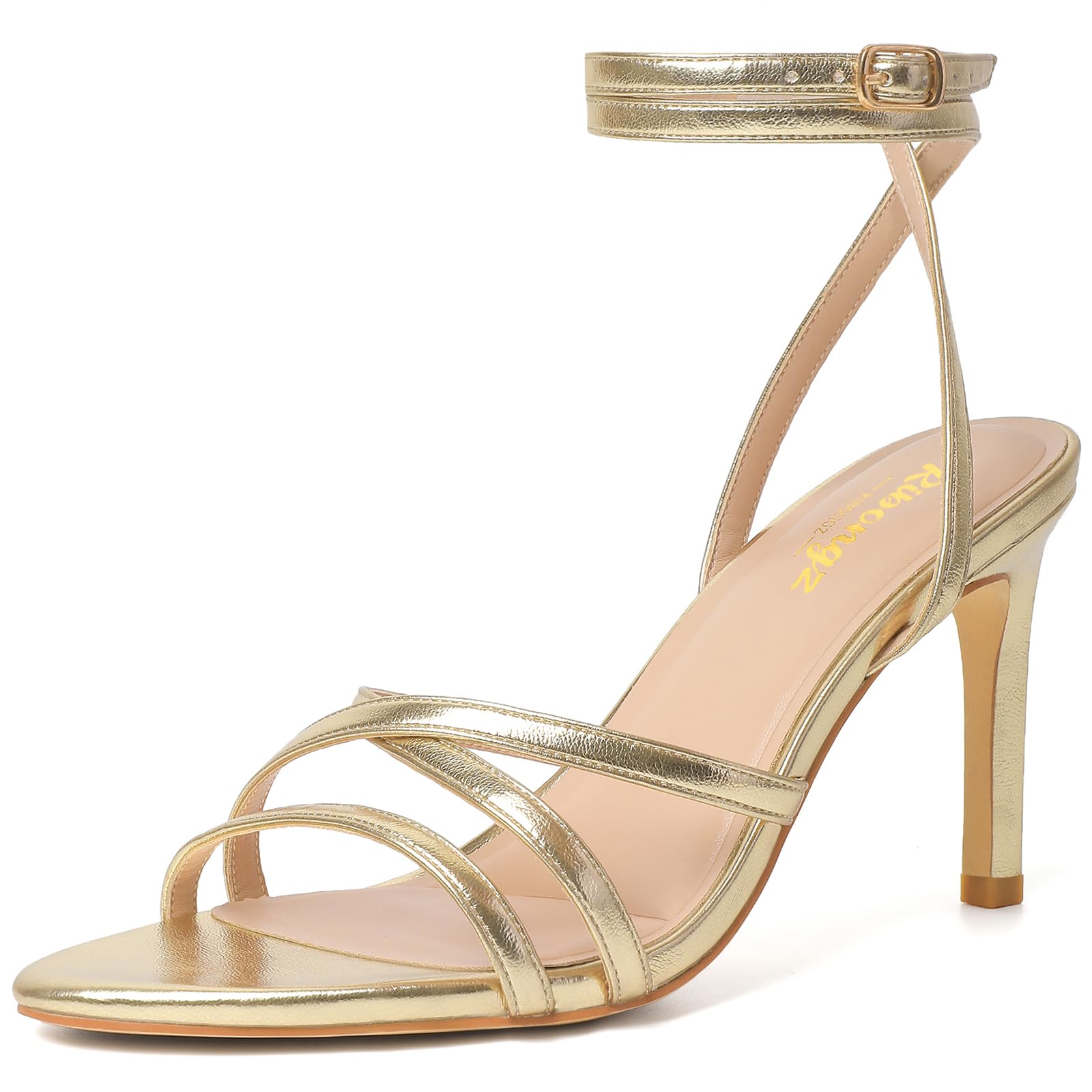RIBONGZ Gold Kitten Heels for Women Lace Up Heeled Sandals Pointed Toe Strappy Heel Sandal Wedding Bride Party Prom Dress Shoes 10