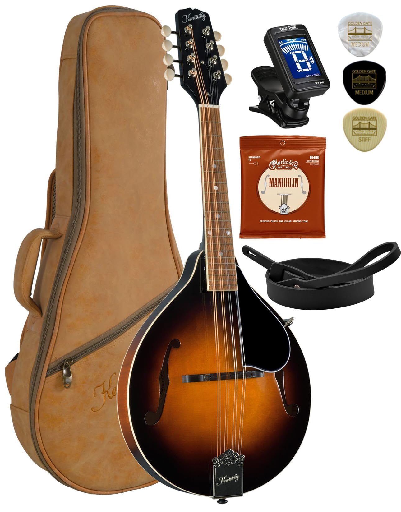 Kentucky KM-150 Standard All-Solid A-Model Mandolin with Instrument Alley Bag, Tuner, Picks, Strap, Strings Bundle