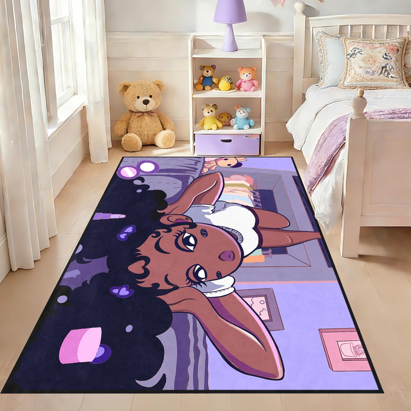 Black Girl Area Rug for Bedroom African American Girls And Boys Floor Rugs for Living Room Playroom Cartoon Art Home Decor Soft Large Carpets Yoga Mats for Women Afro Purple 70/''x55/''(4.6 x 6 Feet)