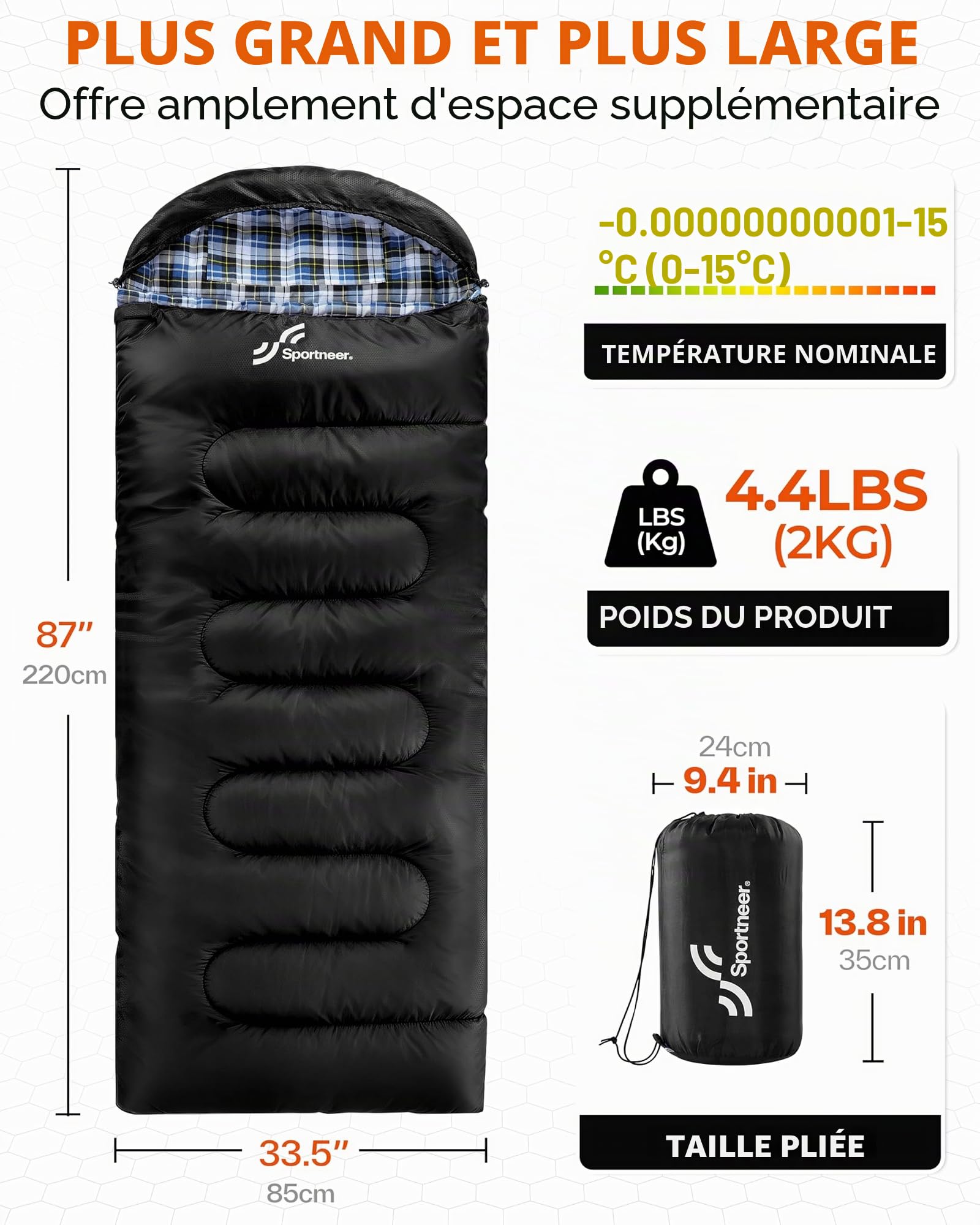 Sportneer Sac de Couchage Adulte, Flanelle Sac Couchage Confortable - Compact - 3 à 4 Saisons - Temps Froid pour la pêche au Camping，2kg
