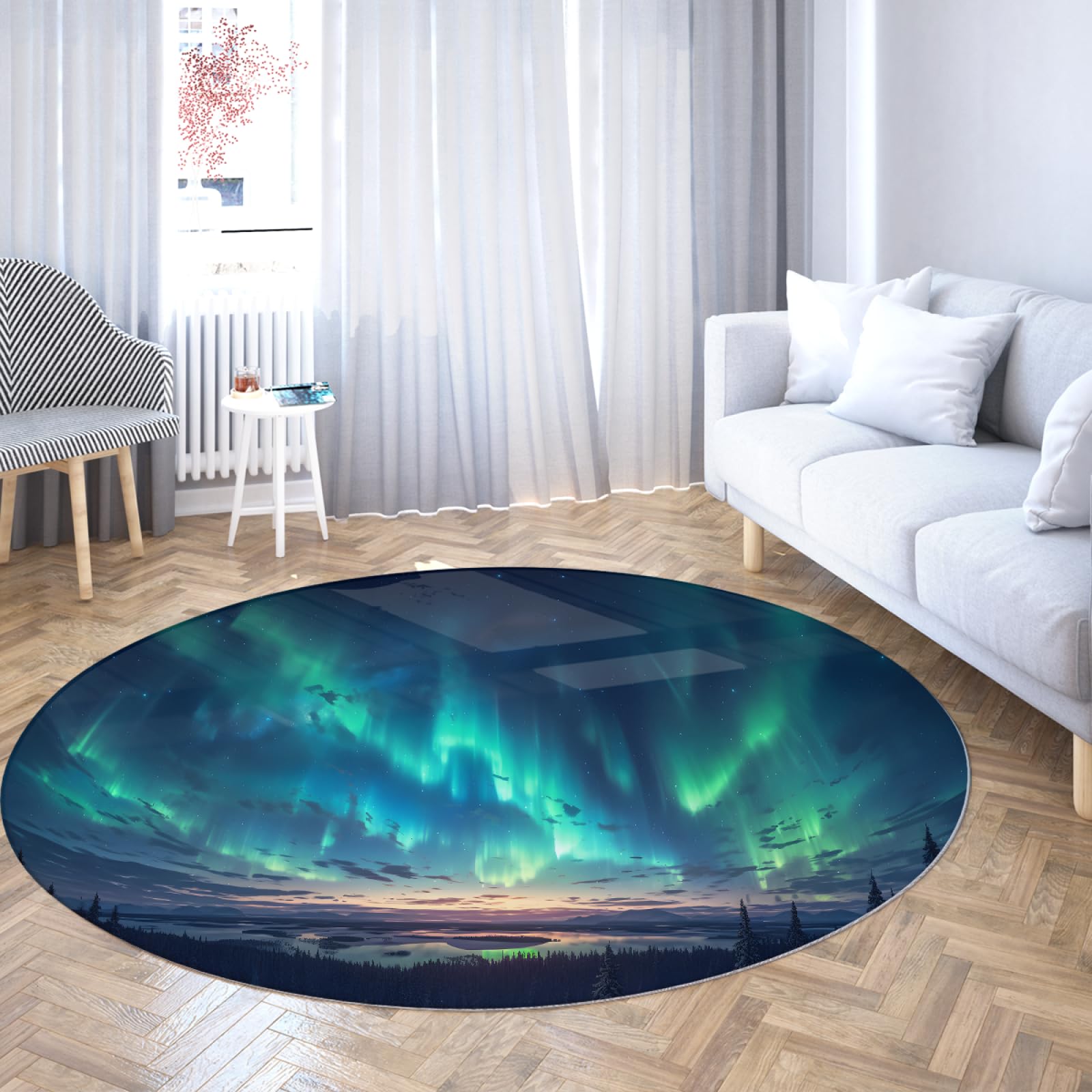 Tapis rond aurores boréales 135cm turquoise et bleu lavable pour salon